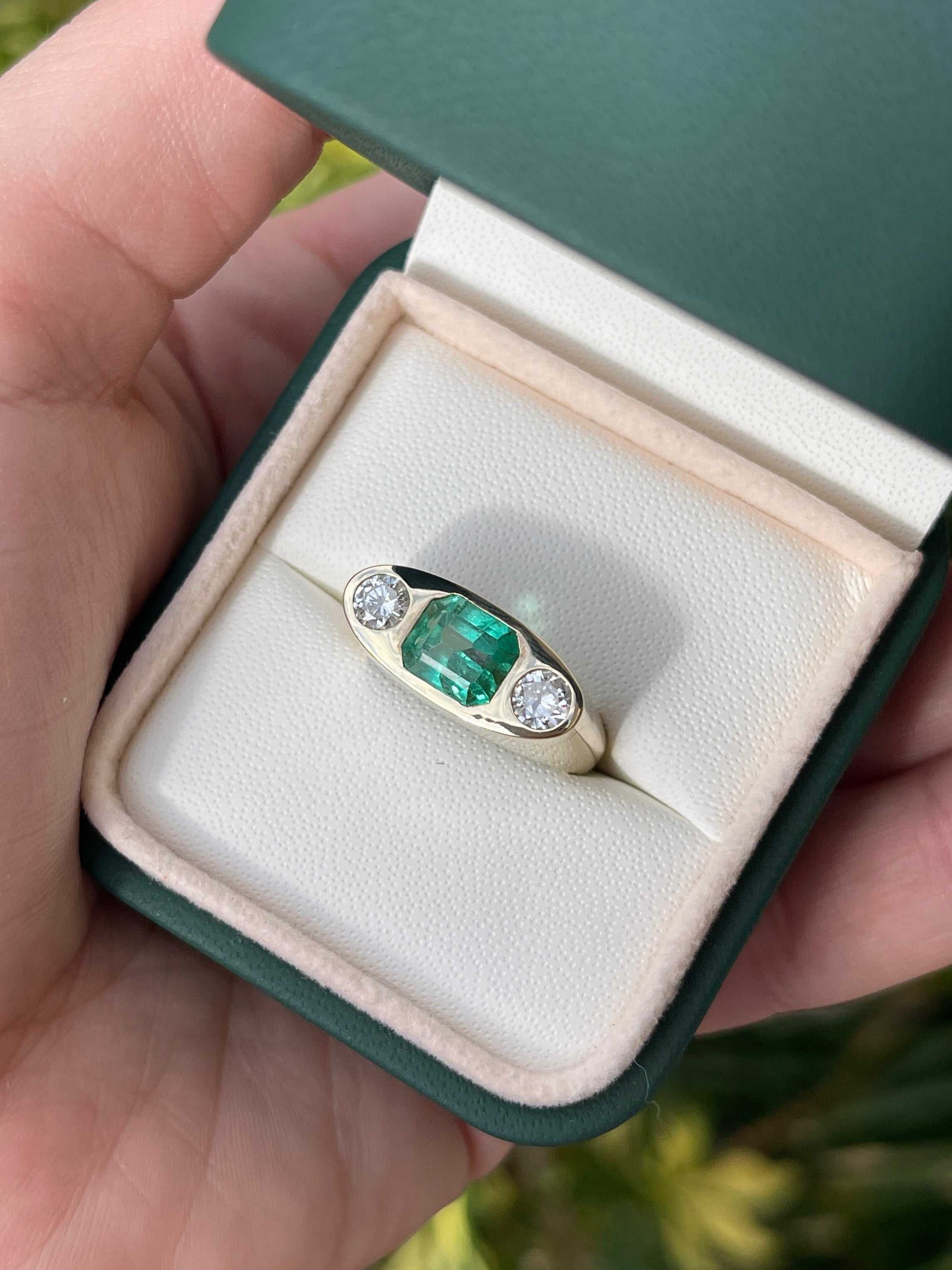 2.70ctw Emerald Cut Diamond & Brilliant Round Three Stone Gypsy Signet Ring in 14K Gold - Elegant Wedding Band, Anniversary Gift, Vintage Jewelry for Women
