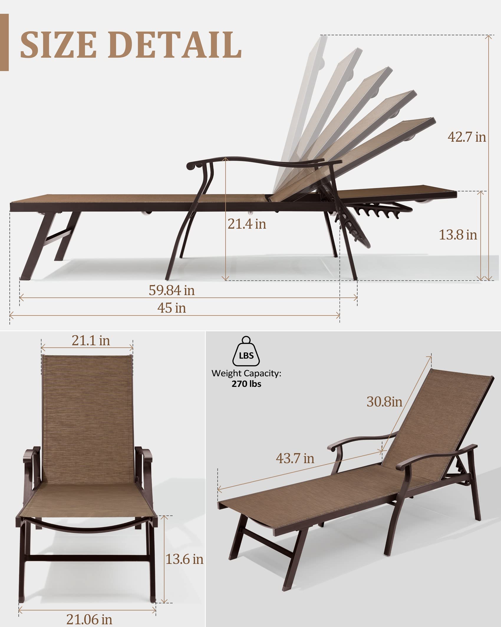 2PCS Outdoor Chaise Lounge Chairs Set - 5-Position Adjustable Backrest, Ergonomic Armrests, All-Weather Textiline Fabric & Aluminum Frame - Perfect for Patio, Beach, Poolside, Backyard Relaxation (Brown)