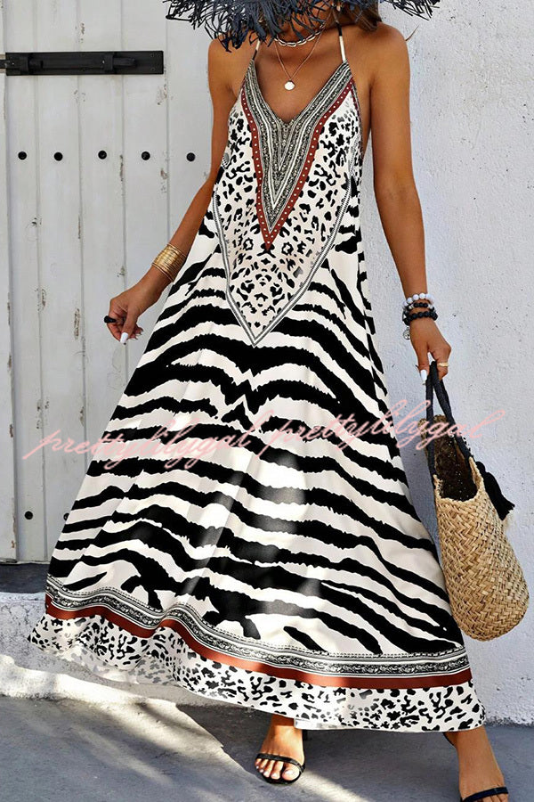 Stylish Zebra Print V-Neck Open Back Loose Maxi Dress for Women | Summer Beach Party, Vacation, Boho Chic Outfit
