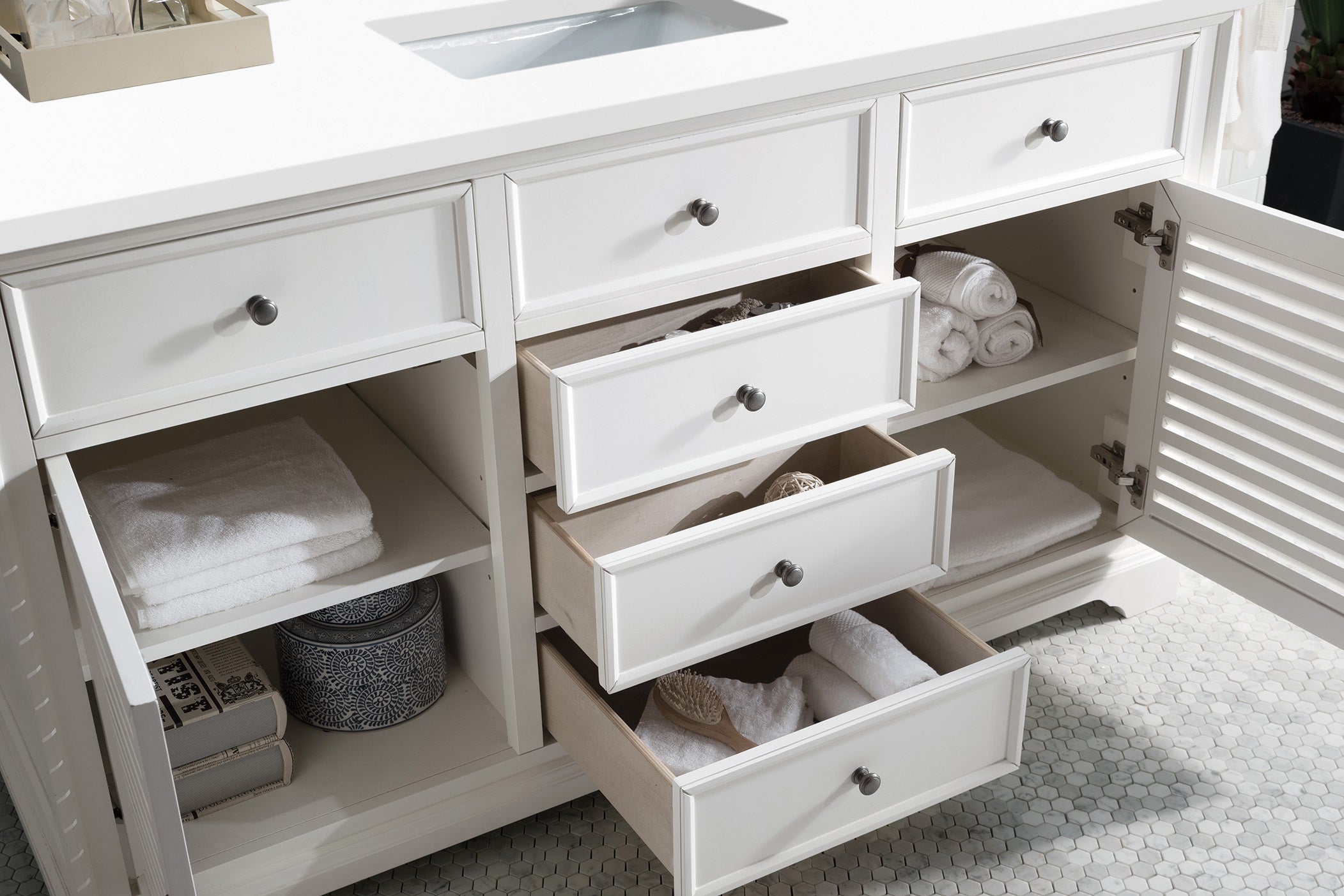 Savannah 60 Inch Single Vanity Cabinet with 3CM Classic White Quartz Top - Bright White Bathroom Sink Storage for Modern & Farmhouse Style Homes