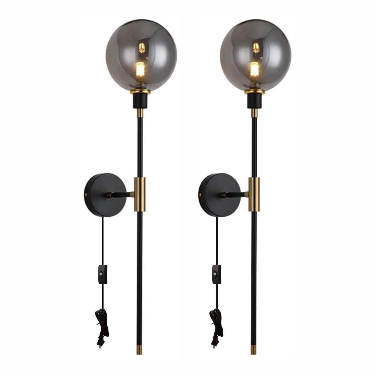 Modern Black Wall Sconce with On/Off Switch & Glass Shade - 1-Light Plug-in Wall Mounted Fixture for Bedroom, Living Room, Kitchen & Hallway (Smoke Gray, 2-Pack) - Perfect for Ambient Lighting & Space-Saving Home Decor