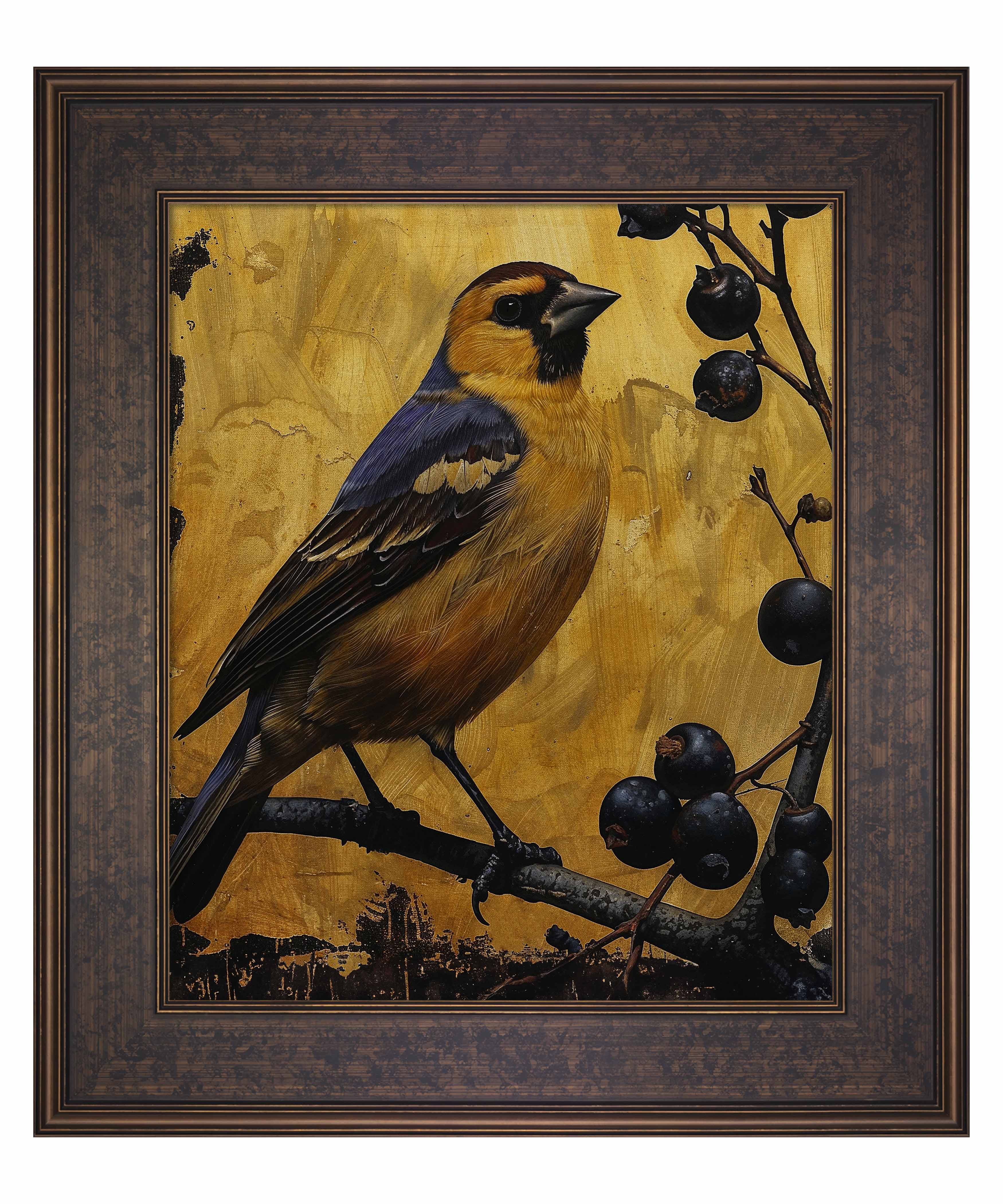 Gilded Harmony Finch Among Berries Limited Edition Canvas Wall Art - Nature Inspired Home Decor for Living Room, Bedroom & Office