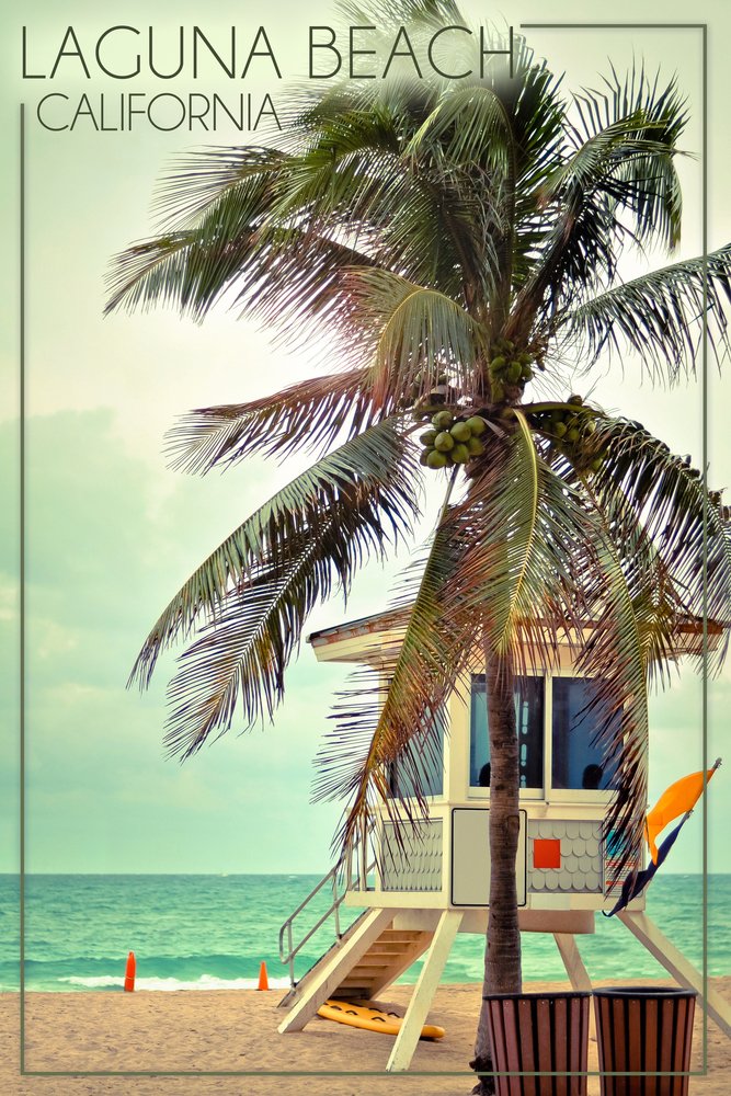 Laguna Beach California Lifeguard Shack and Palm Tree 24x36 Signed Art Print - Coastal Wall Decor Poster for Beach House, Living Room, or Office