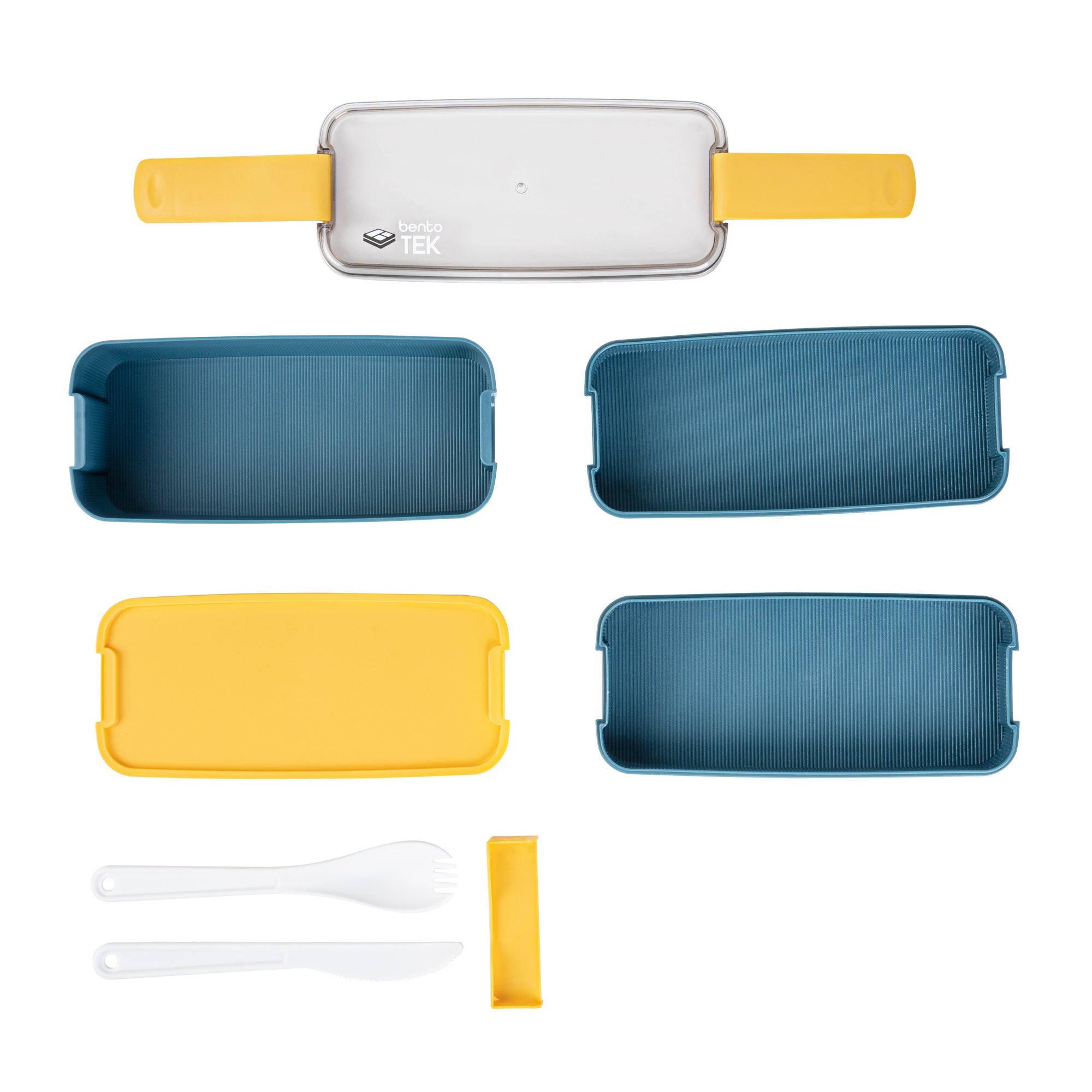 Bento Tek 30 oz 3-in-1 Lunch Box Set - BPA Free, Microwave Safe, Leak Proof with Fork & Knife - Blue & Yellow (7.5