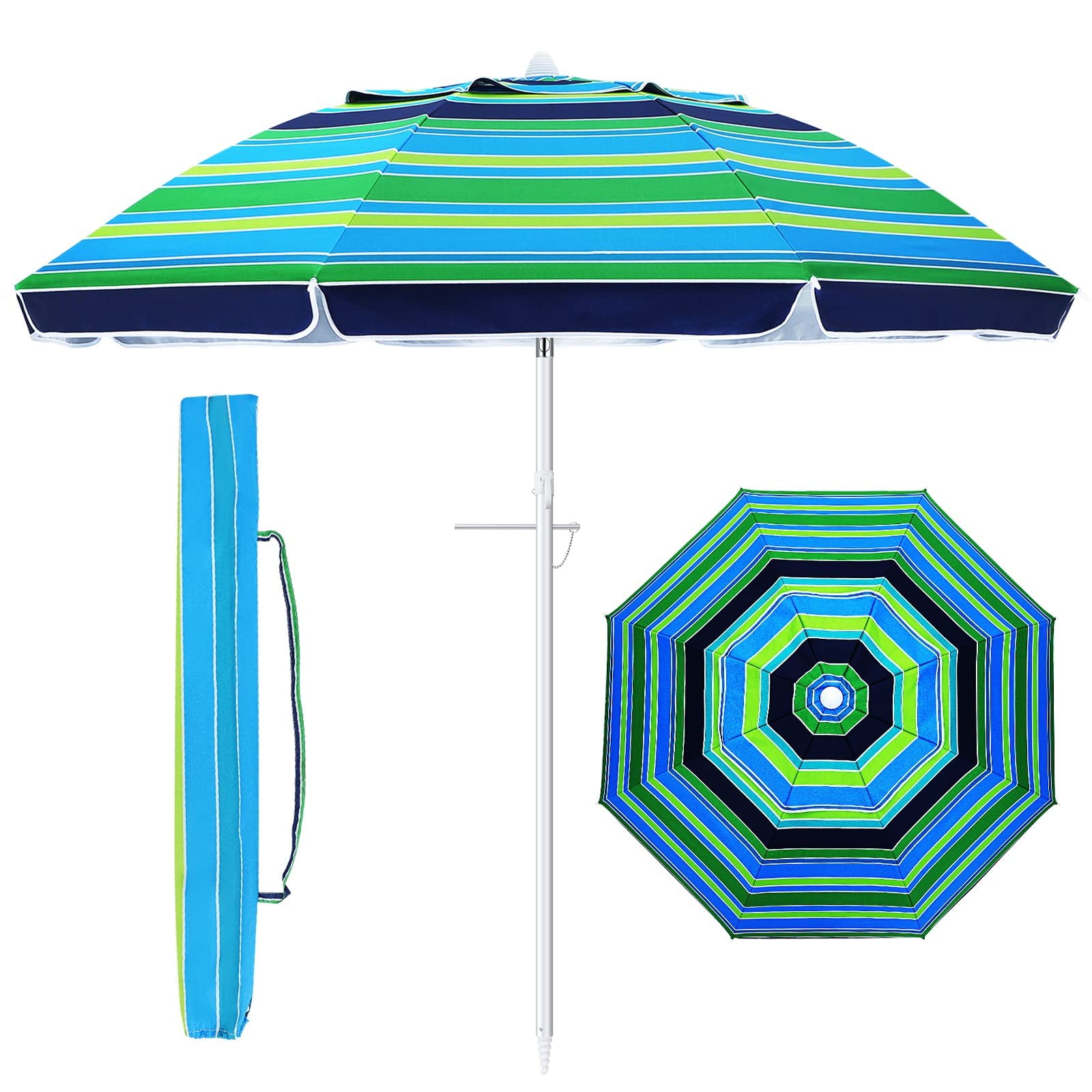 FEFLO 7ft Large UV 50+ Windproof Beach Umbrella with Anchor & Adjustable Tilt Pole - 6.5ft Diameter Heavy Duty Outdoor Sand Umbrella, 8-Rib Lightweight Portable Parasol with Carry Bag - Perfect for Beach, Poolside, Backyard, and Outdoor Adventures