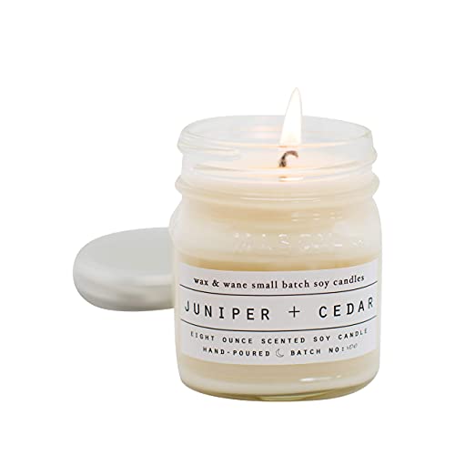 Juniper & Cedar Scented Soy Candle in Mason Jar - 8oz Natural Wax Candle for Home & Bedroom - Handmade in USA, 40+ Hour Burn Time - Perfect for Relaxation, Meditation & Aromatherapy
