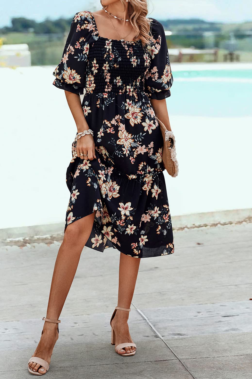 PRETTYGARDEN Women's Summer Casual Dress 2025 - Puff Sleeve Square Neck A-Line Flowy Boho Floral Smocked Midi Dress for Spring/Summer, Beach Vacation, Date Night & Outdoor Parties