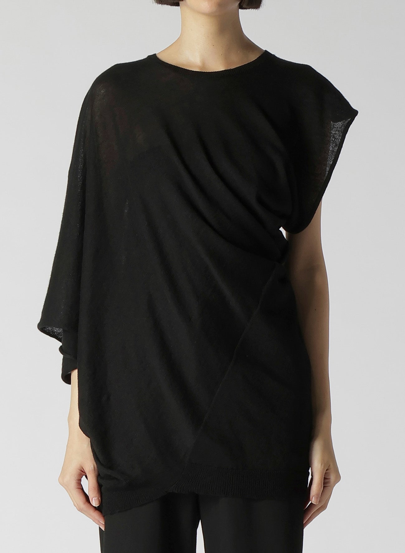 14G1P Low Tension Plain Stitch Drape Detail Short Sleeve Pullover Sweater - Casual Comfort Wear for Everyday Outfits & Layering