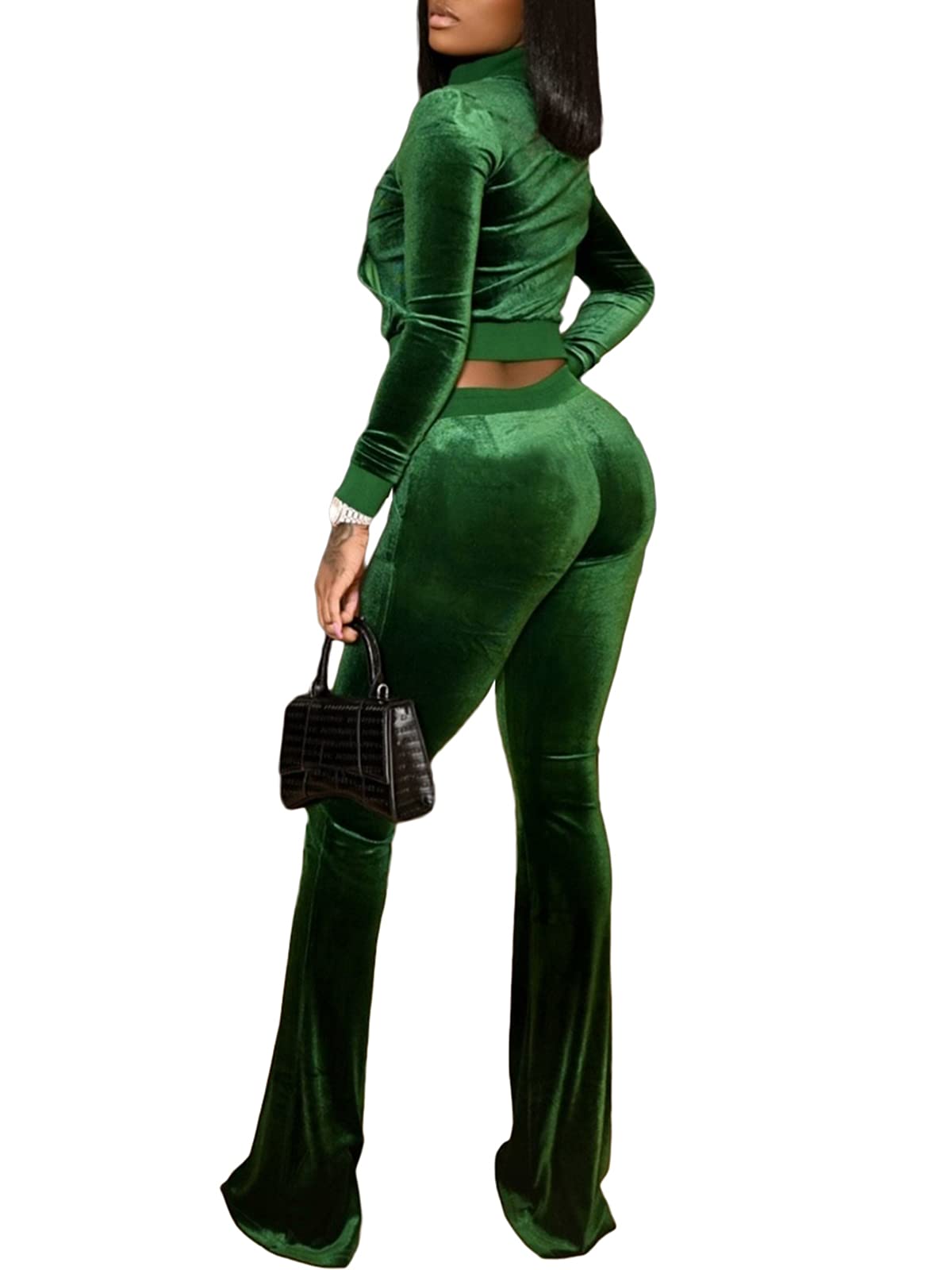 Women's Velour 2-Piece Outfit Set - Zip Crop Jacket & Wide Leg Pants Tracksuit | Casual Lounge Wear for Women | Perfect for Home, Gym & Street Style Fashion