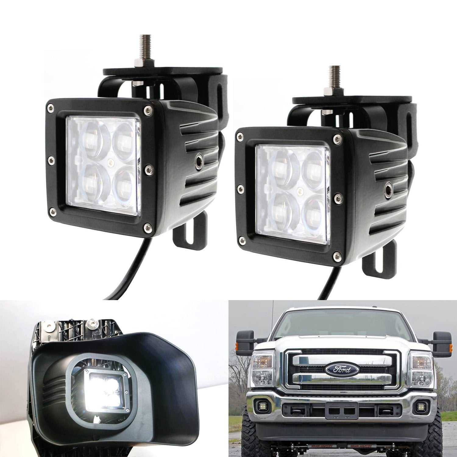 40W 4D Optic LED Projector Pods with Fog Light Brackets - Compatible with 1999-2016 Ford F250 & F Series Trucks - Perfect for Off-Roading, Night Driving & Foggy Conditions