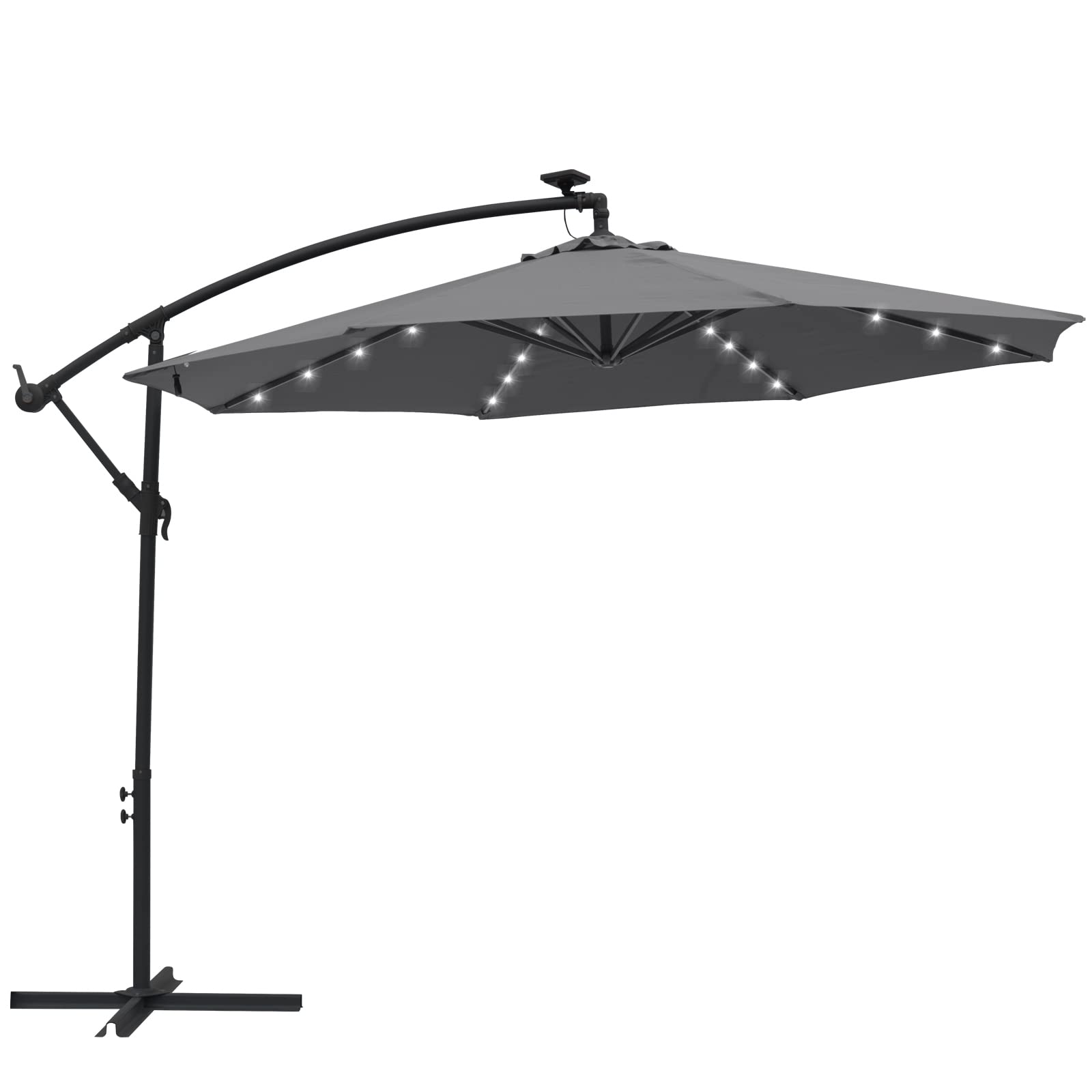 SUNNYARD 10 FT Solar Offset Hanging Umbrella with 32 LED Lights - Cantilever Patio Umbrella for Yard, Beach, Pool - 8 Ribs, Grey - Perfect for Outdoor Dining, Lounging, and Backyard Relaxation