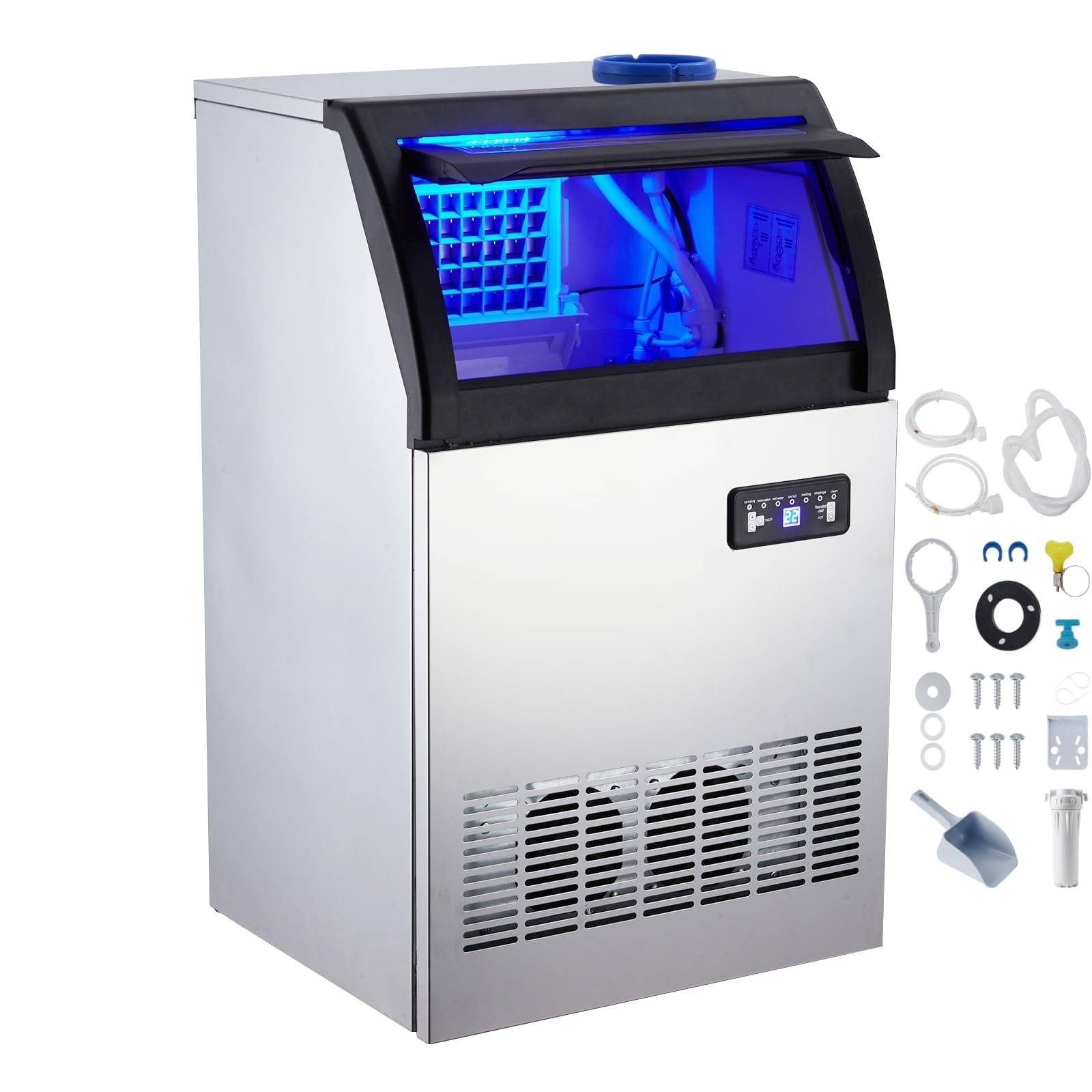 Commercial Ice Maker Machine 120Lbs/24H, 28Lbs Storage, Makes 45 Clear Ice Cubes in 11-20 Mins - Dual Water Inlet Modes with Ice Scoop & Drain Pipe - Perfect for Restaurants, Bars, Cafes & Home Use