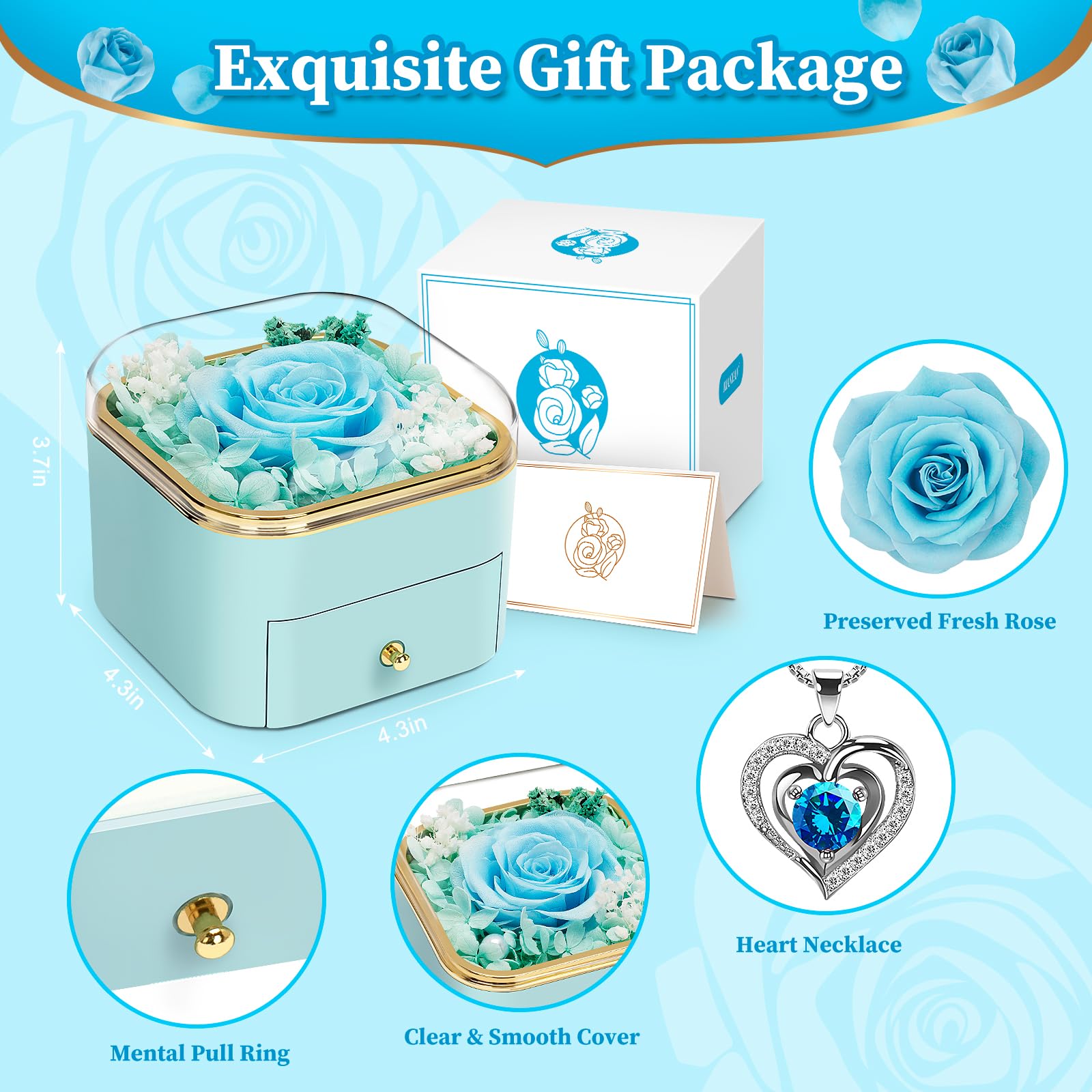 Eternal Rose Necklace Gift Set for Women - Preserved Real Rose with Heart Pendant, Birthday Anniversary Christmas Present for Wife, Girlfriend, Mom, Grandma (Blue) | Romantic Keepsake for Special Occasions