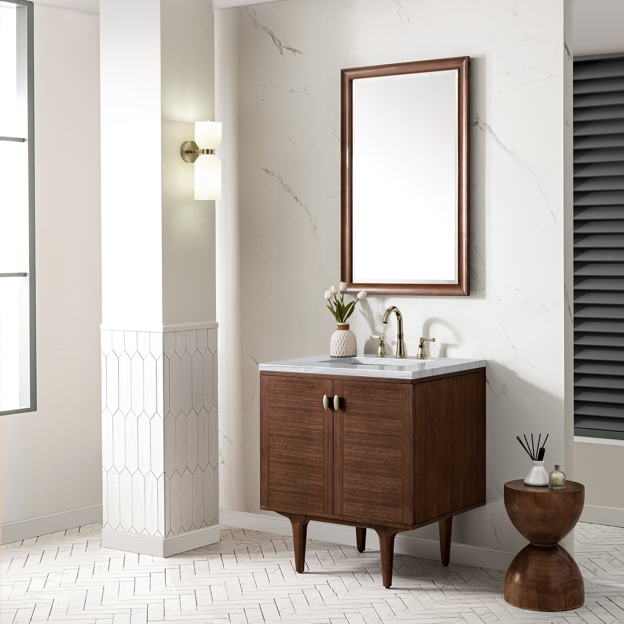 Amberly 30 Inch Single Bathroom Vanity - Mid Century Modern Walnut Finish with 3CM Arctic Fall Marble Top | Perfect for Small Bathrooms & Powder Rooms
