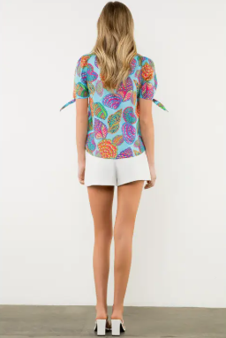 Elegant Shell Print Blouse with Tie Sleeves - Women's Fashion Tops for Office, Party & Casual Wear