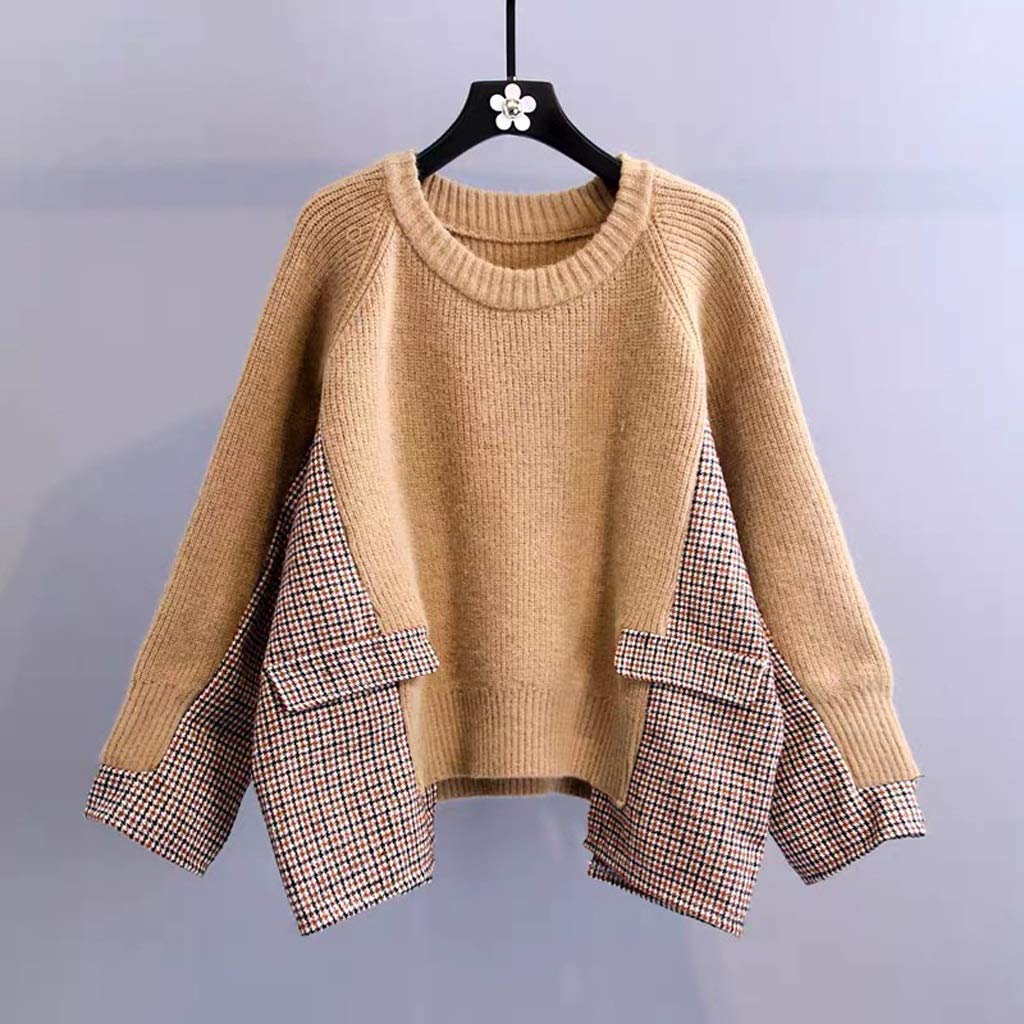 TWDYC Women's Oversized Plaid Pocket Patchwork Knitted Sweater - Loose Beige Pullover Jumper (Color C) | Cozy Winter Fashion, Casual Outfit, Office Wear & Street Style