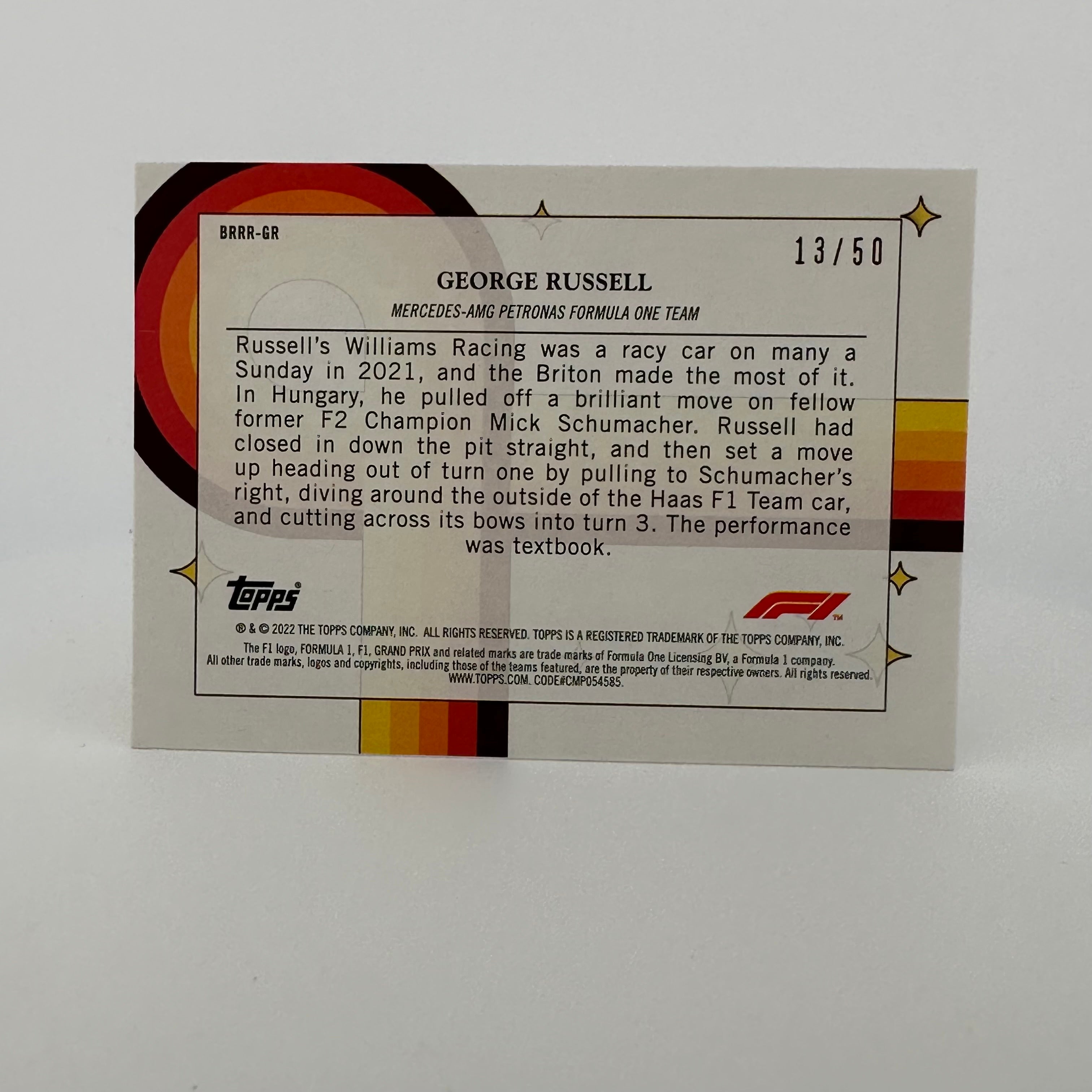2022 Topps Formula 1 George Russell #13/50 Gold Parallel Card - Bounce Rock Race Roll Edition - Perfect for F1 Collectors and Racing Fans Display