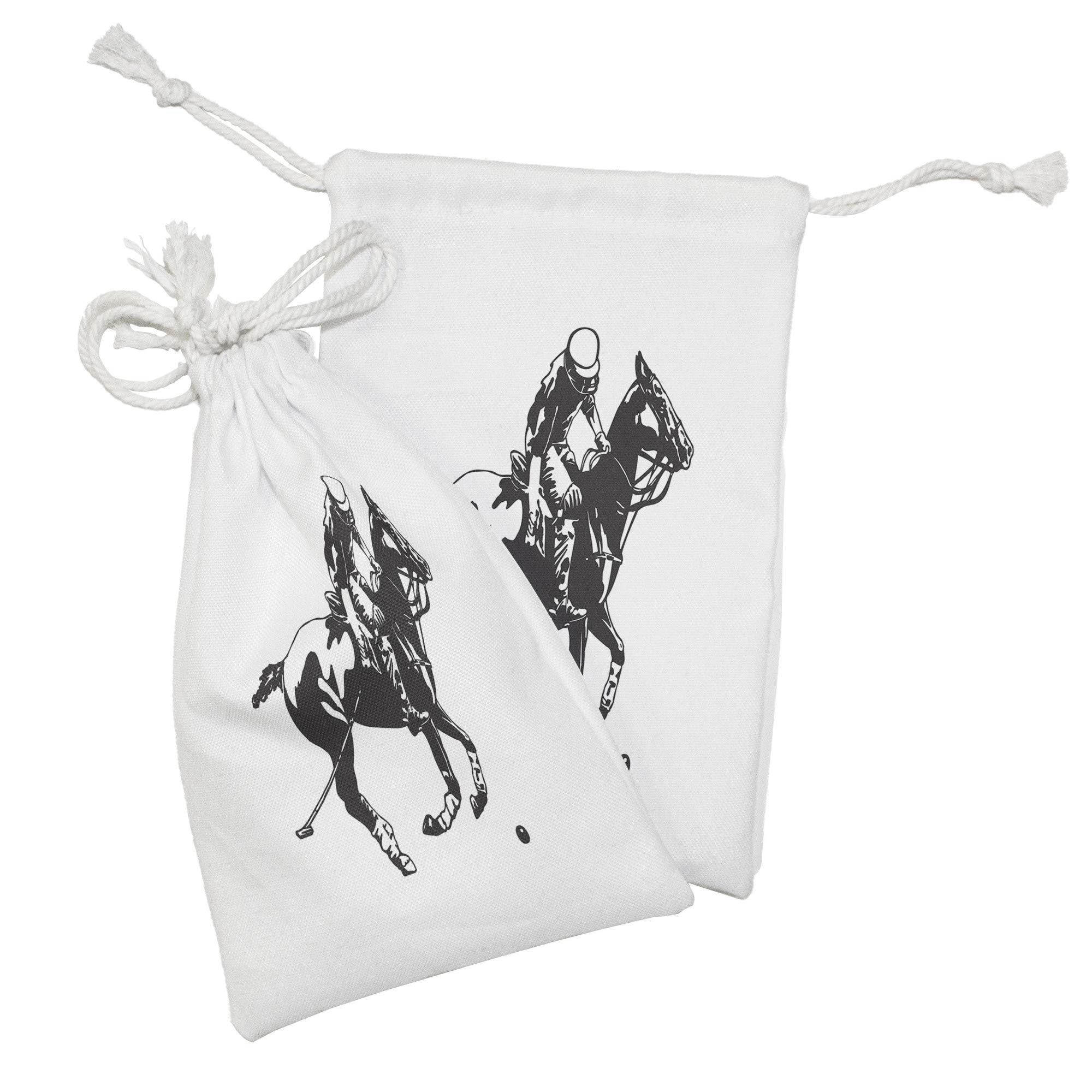 Ambesonne 2-Pack Animal Print Drawstring Pouches - Monochrome Polo Player on Horse Silhouette Design, 9