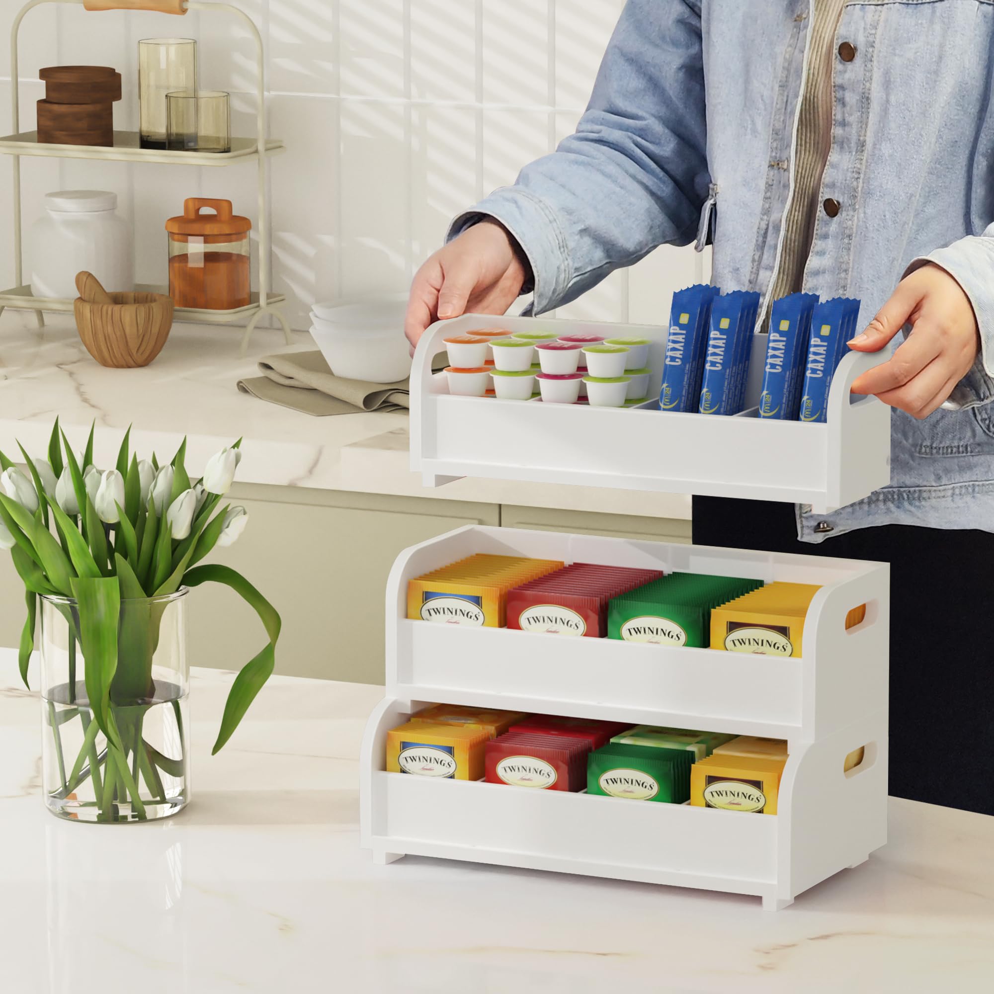 3-Tier Stackable Bamboo Tea Bag Organizer - Wall Mount Tea Storage Box for Kitchen, Pantry & Office - Large Capacity White Tea Holder for Tea Bags (Perfect for Organizing Loose Leaf Tea & Tea Bags in Home & Workspaces)