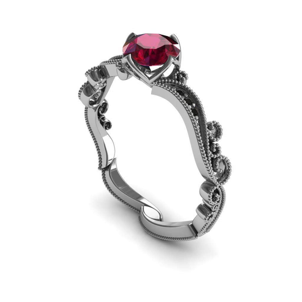 14K White Gold Victorian Ruby Ring with Black Diamond for Engagement