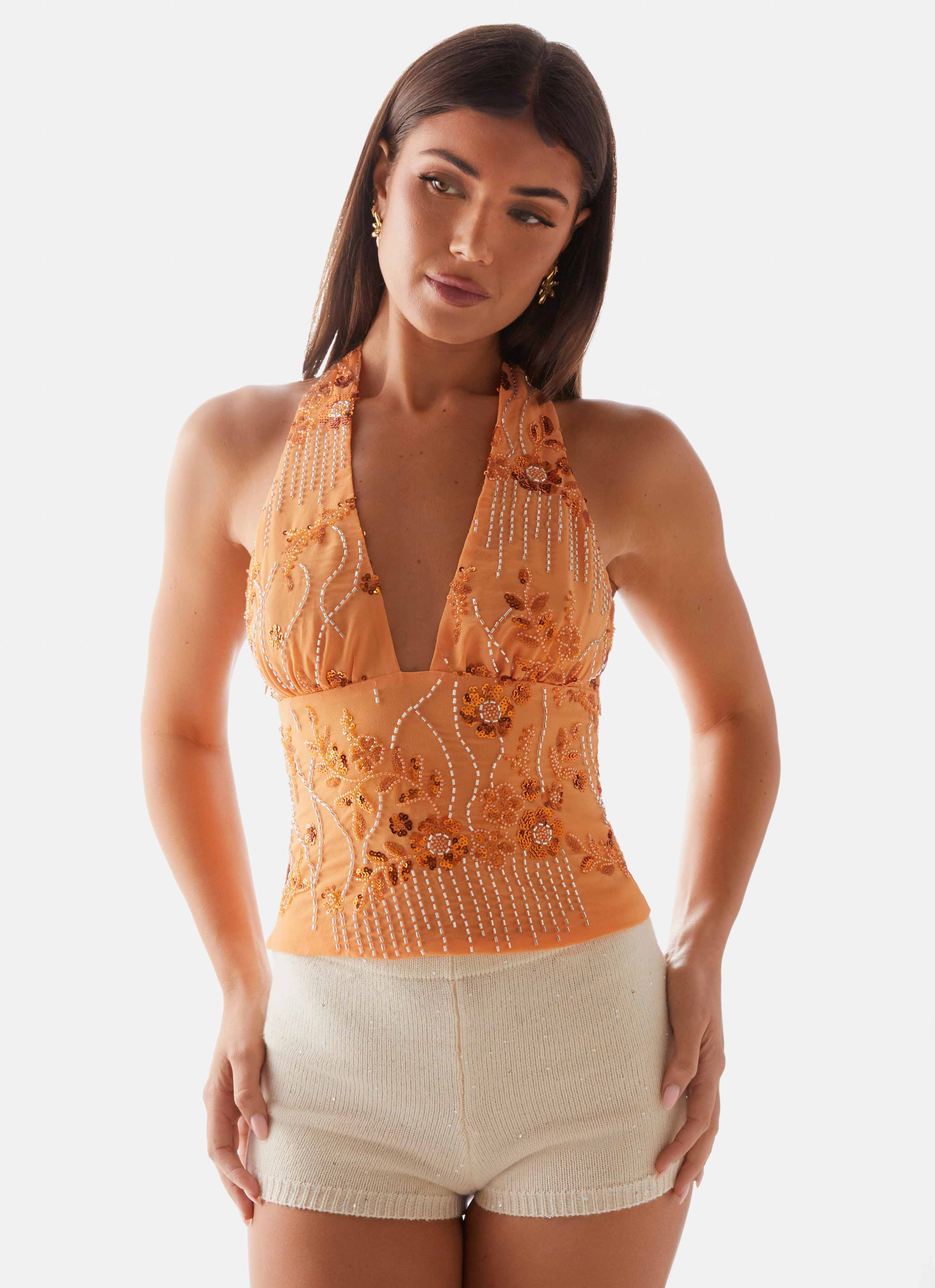 Sparkly Orange Sequin Halter Top for Women | Party Clubwear | Sexy Glitter Crop Top for Night Out, Bachelorette, Festival & Special Occasions