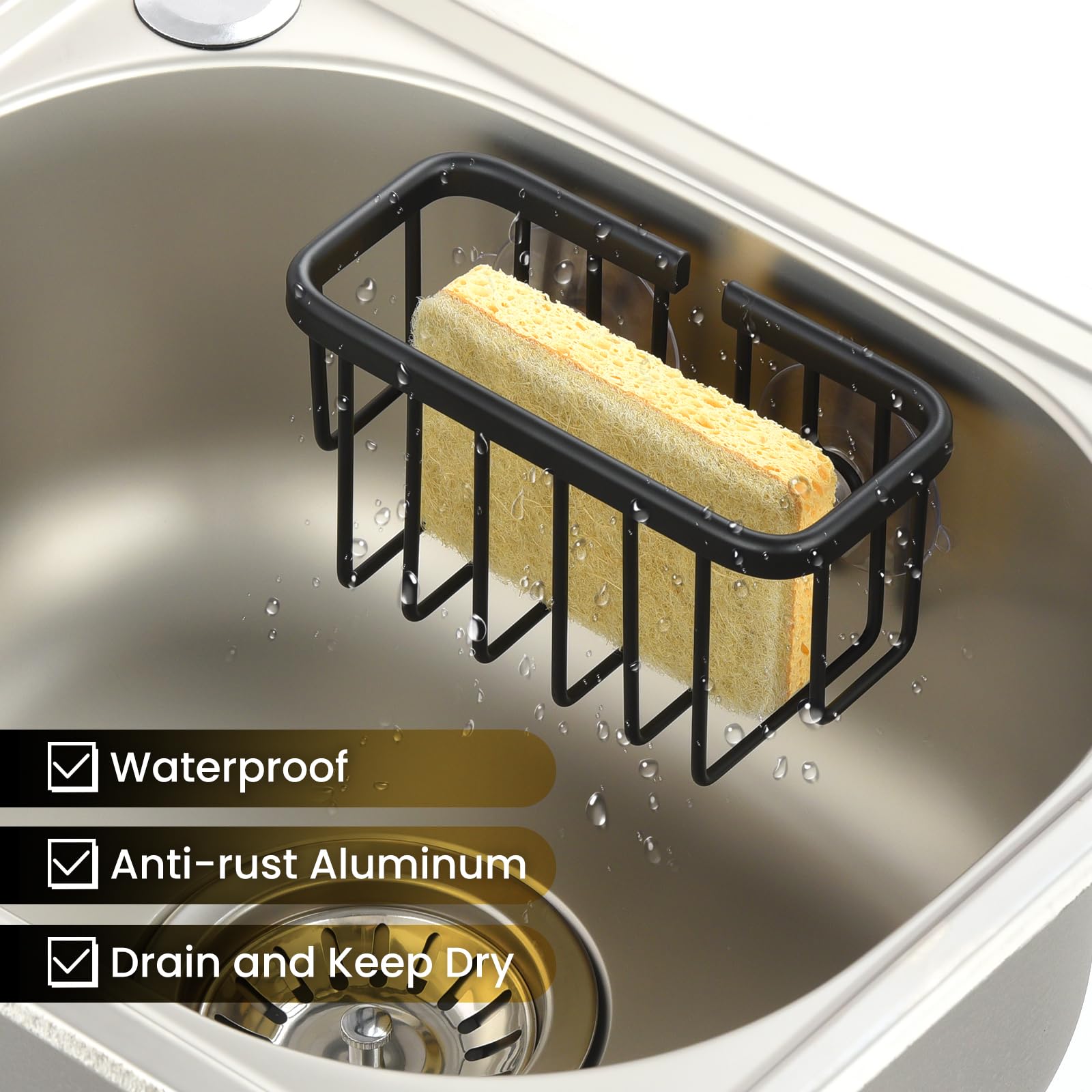 Stainless Steel Sponge Holder for Kitchen Sink - Strong Suction Cup & Adhesive Hooks - Sink Organizer Caddy for Sponges, Brushes, Soap - Perfect for Kitchen, Bathroom, RV (Black) | Durable & Rustproof Design for Daily Dishwashing & Cleaning