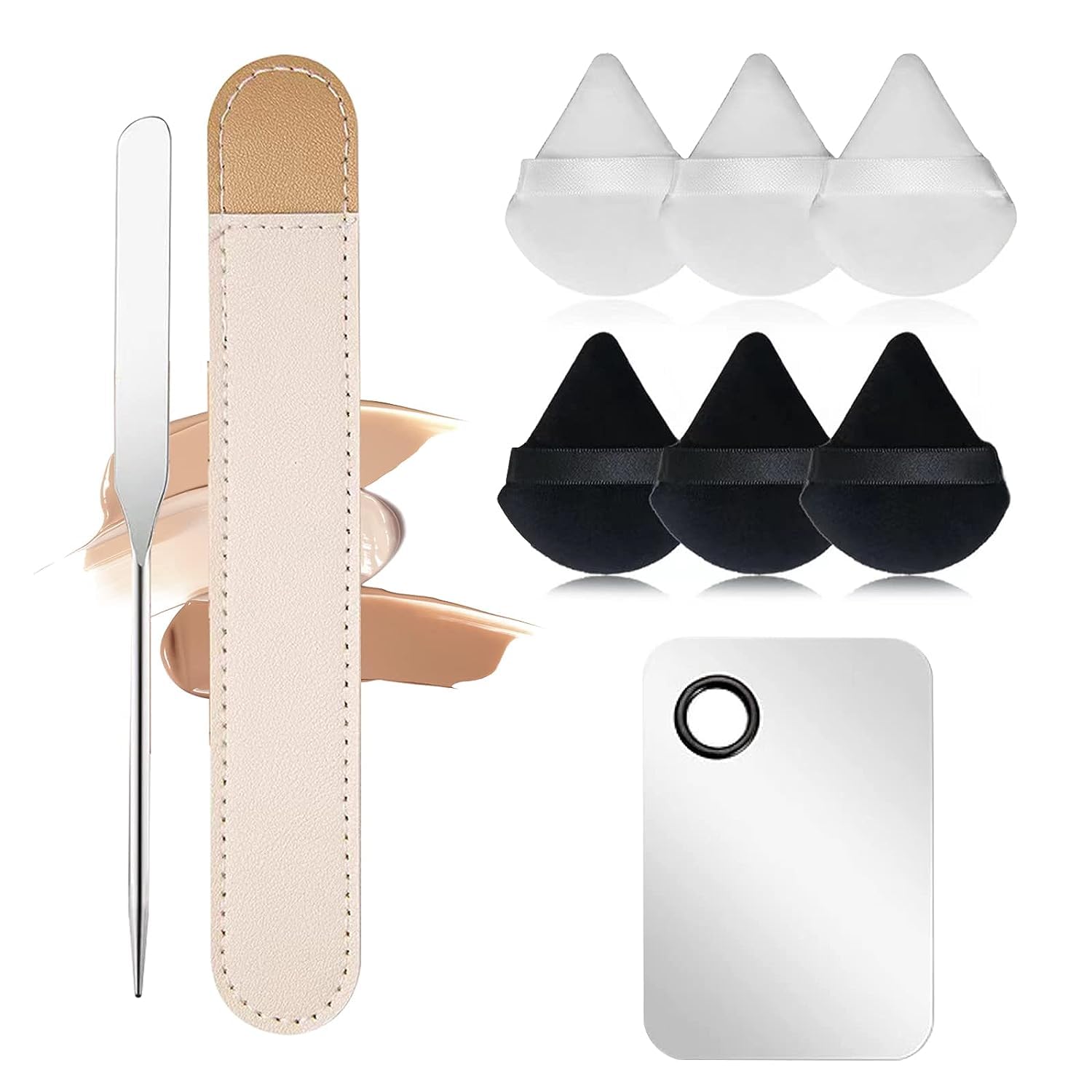 INOG Professional Stainless Steel Makeup Spatula & Palette Set - Korean Beauty Tool for Foundation, Creams & Cosmetics (Includes 6 Powder Puffs + 1 Spatula + 1 Rectangle Palette) - Perfect for Makeup Artists, Salon Use & Home Beauty Routines