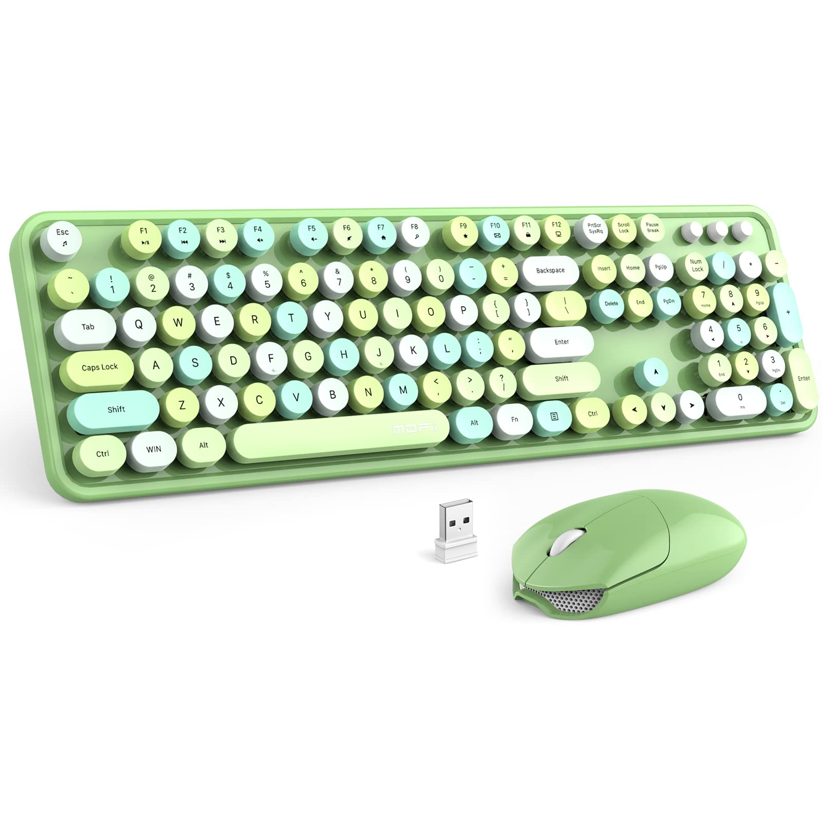 MOFII Retro Green Wireless Keyboard and Mouse Combo - 2.4GHz Full-Size Colorful Keyboard with Round Keycaps, Cute Wireless Mouse for Laptop, PC, Chromebook, Smart TV - Perfect for Home Office, Gaming & Computer Workstations