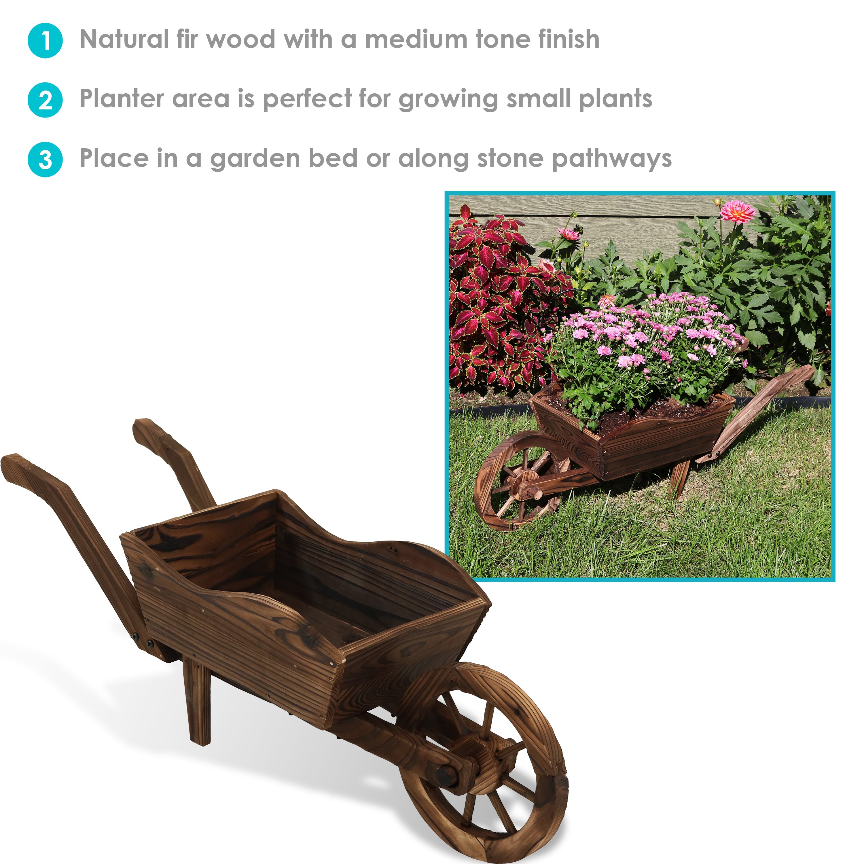 35 Inch Wooden Wheelbarrow Planter for Garden Decor - Outdoor Rustic Flower Pot with 10.25