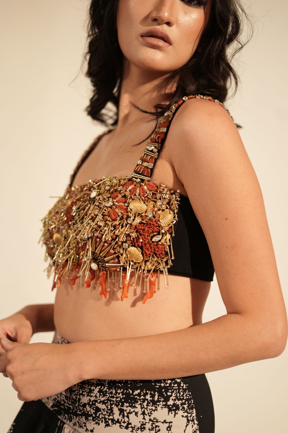 Luxury Black Crop Top with Coral & Gold Embellishments - Women's Fashion Blouse for Party, Dinner & Special Occasions