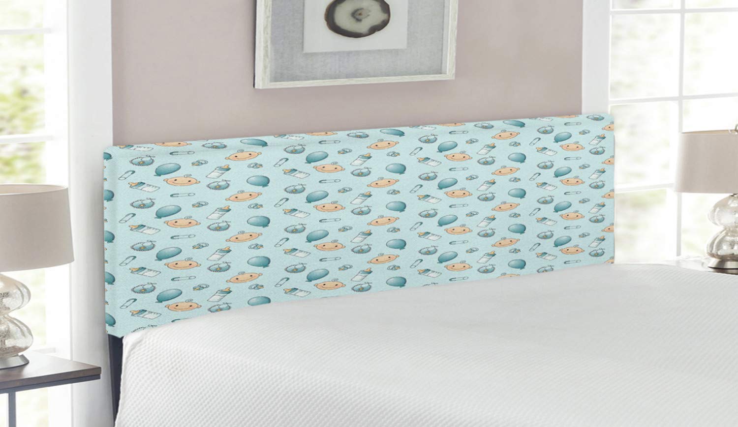 Ambesonne Cartoon Headboard - Upholstered Decorative Metal Bed Headboard with Memory Foam, Queen Size in Pale Blue Turquoise & Tan | Balloons, Pacifiers & Milk Bottles Design | Perfect for Kids' Bedrooms, Nursery Decor & Themed Bedroom Ideas
