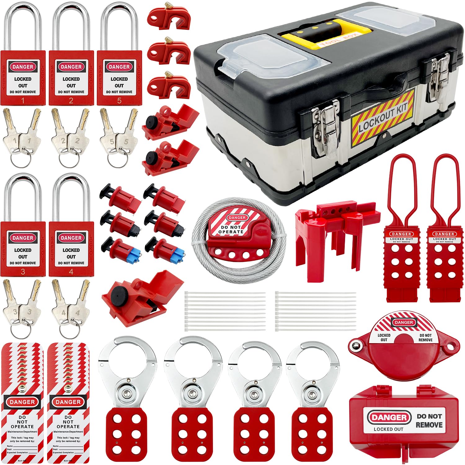 JOJOMARK Electrical Lockout Tagout (LOTO) Safety Kit - 6 Group Lockout Hasps, 10 Safety Padlocks with Keys, 50 Lockout Tags & Nylon Cable Ties with Durable Tool Box - Perfect for Industrial Maintenance, Electrical Work & OSHA Compliance