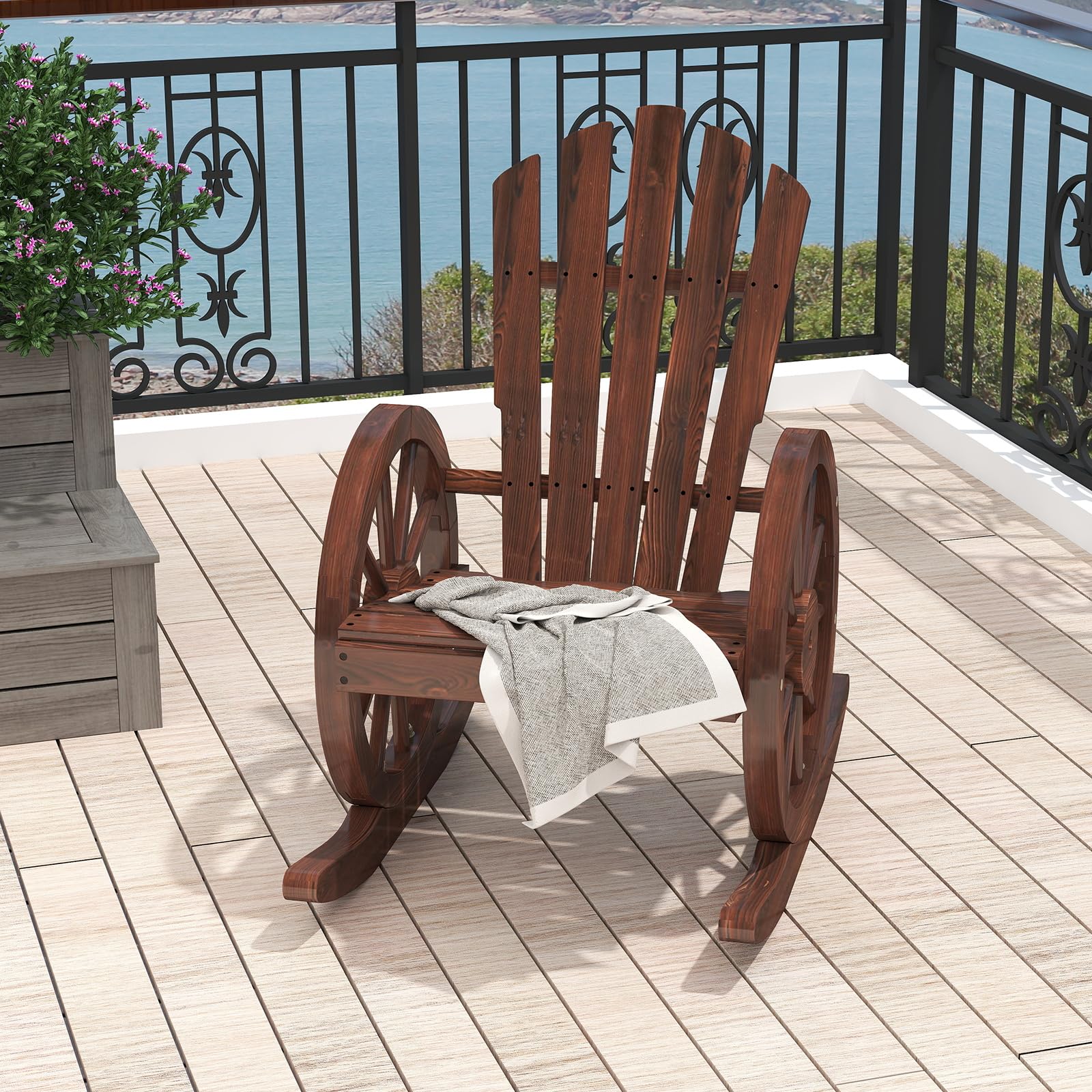 Kinbor Wooden Outdoor Rocking Chair - Comfortable High Back Slat Rocker for Porch, Patio, Lawn & Garden - Reclining Seat for Relaxing in Backyard, Poolside or Sunroom