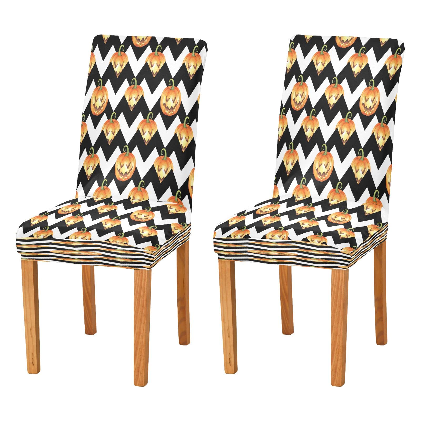 Halloween Pumpkin Striped Chair Covers - Black & White Chevron Stretch Slipcovers (2-Pack) | Removable Dining Seat Protectors for Home, Kitchen, Restaurant & Hotel | Perfect for Autumn Decor & Holiday Parties