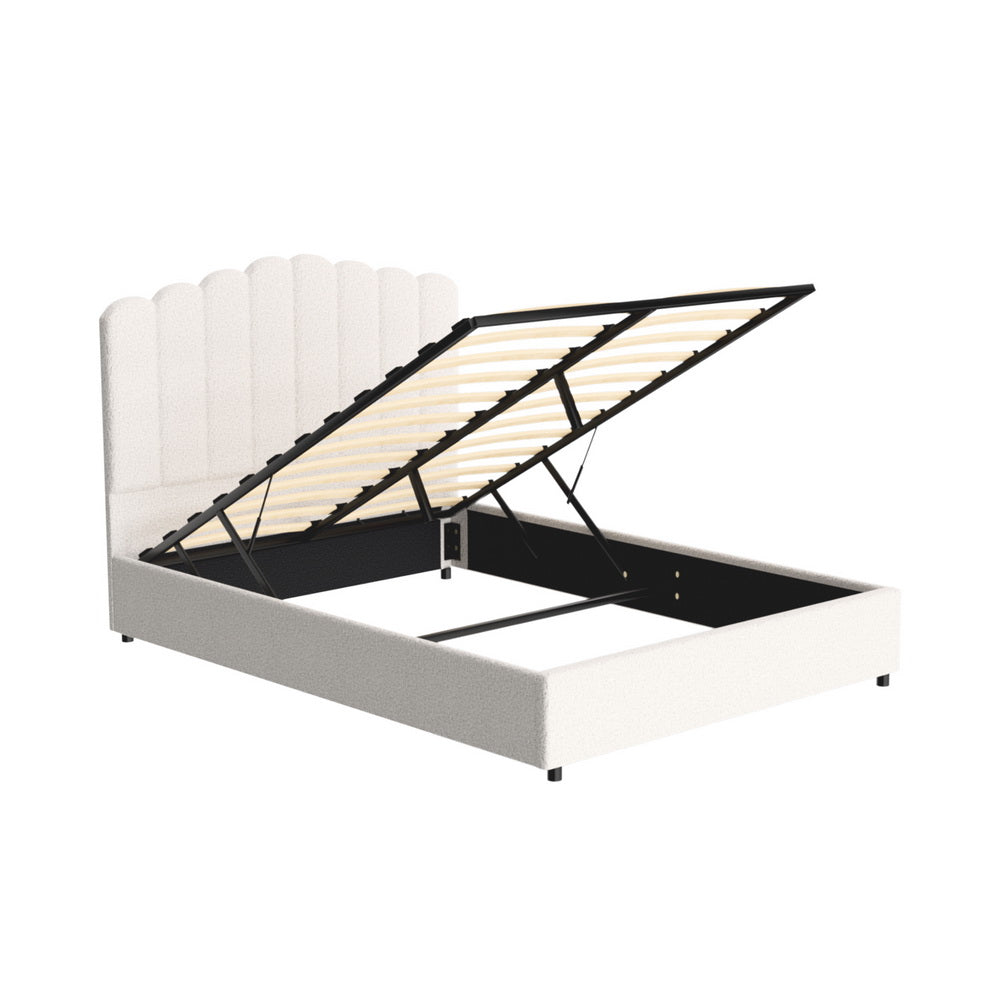 Fion Double Boucle Upholstered Storage Bed in Cream White - Modern Platform Bed with Underbed Storage for Small Spaces & Guest Rooms