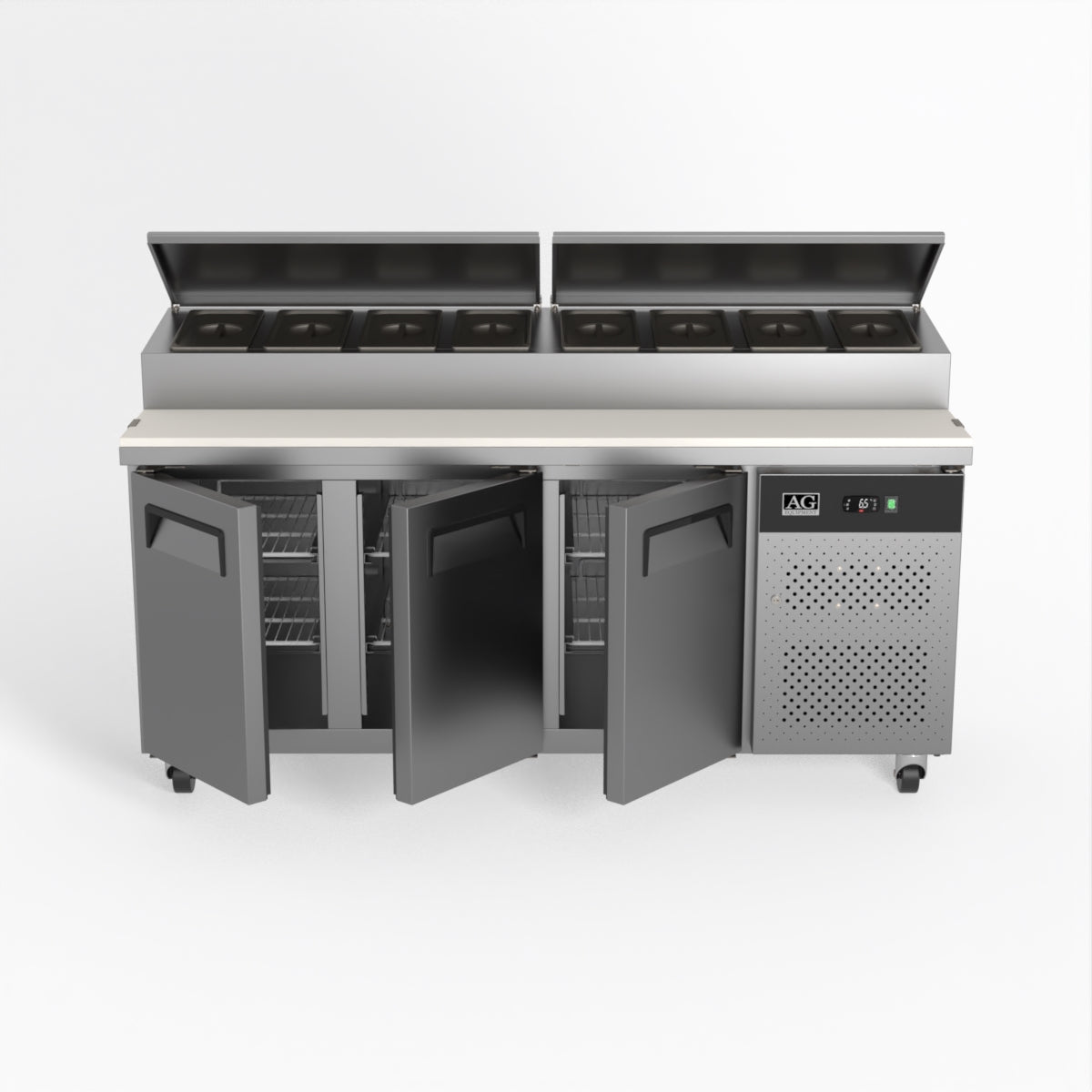 AG 3 Door Commercial Saladette Refrigerator - Holds 8 x 1/3 GN Food Storage Trays - Perfect for Restaurants, Delis & Catering Businesses