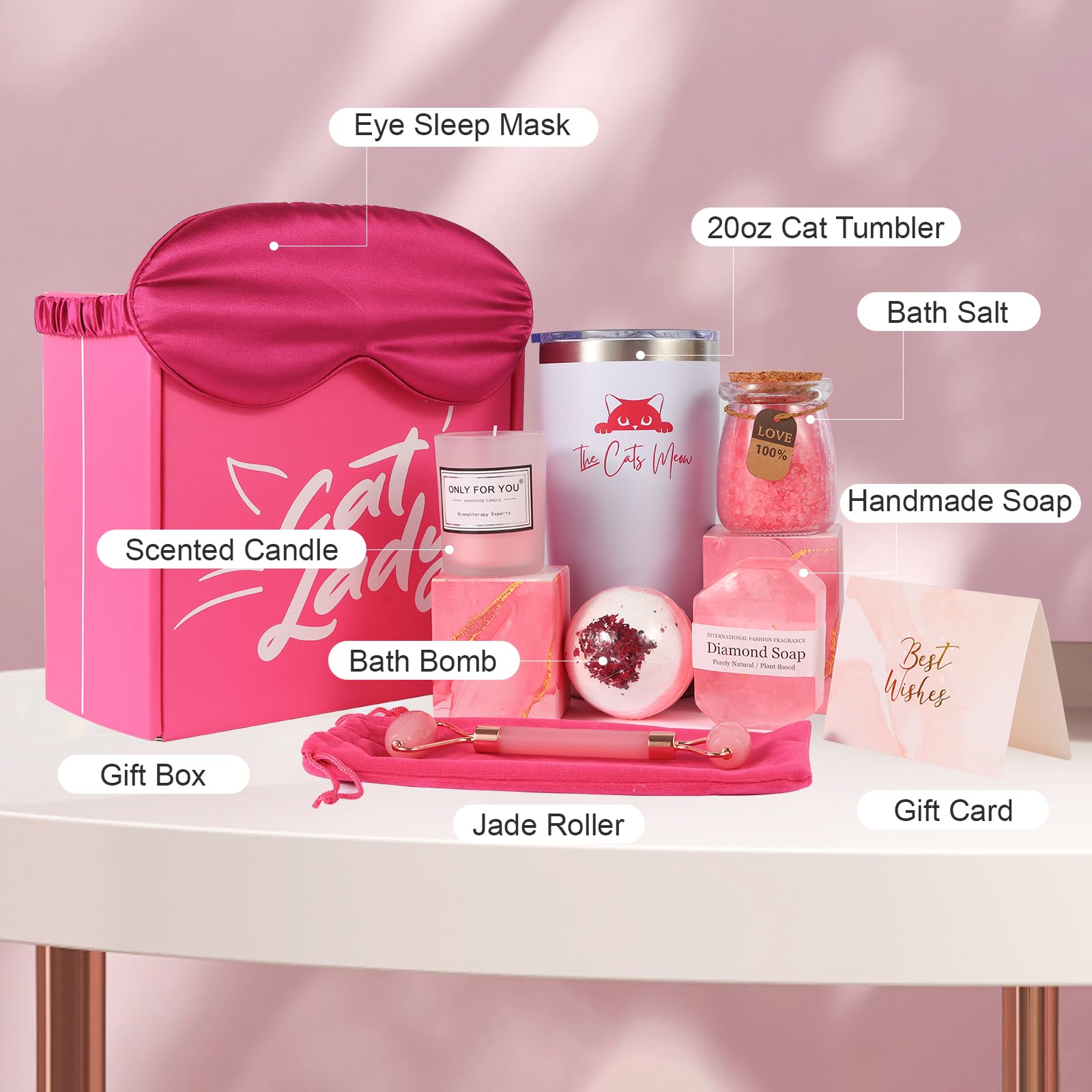 Premium Cat Lover Gift Set - 20oz Insulated Coffee Tumbler, Lavender Aromatherapy Candle, Diamond-Infused Soap, Jade Facial Roller, Relaxing Bath Bomb & Salts, Silk Sleep Mask & Gift Card in Elegant Cat-Themed Gift Box - Perfect Birthday, Anniversary & Self-Care Gifts for Cat Ladies