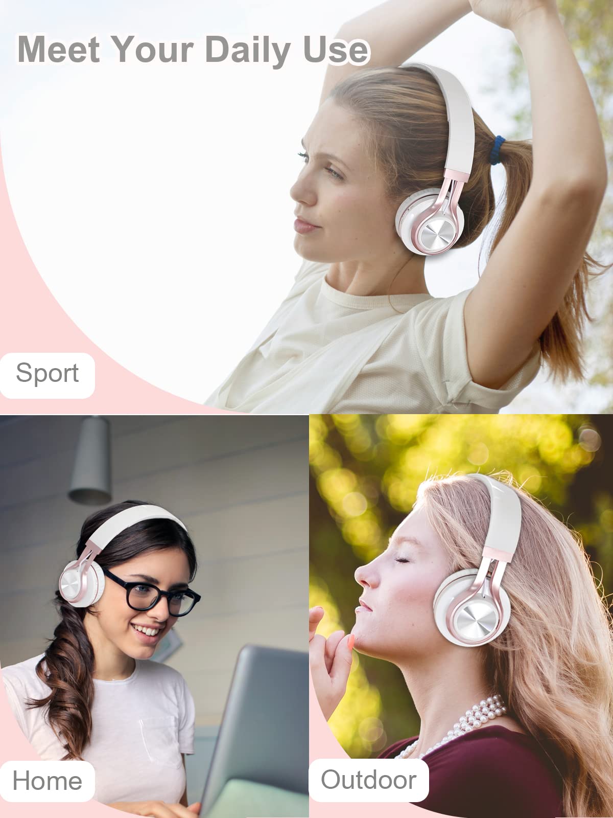 BASEMAN Wireless Over Ear Headphones with Microphone - 50H Playtime, Deep Bass Bluetooth Headphones for iPhone, Computer, Gaming, Travel - Comfortable Noise Cancelling Headset for Women, Teens (White Rose Gold) - Perfect for School, Commuting & Work from Home