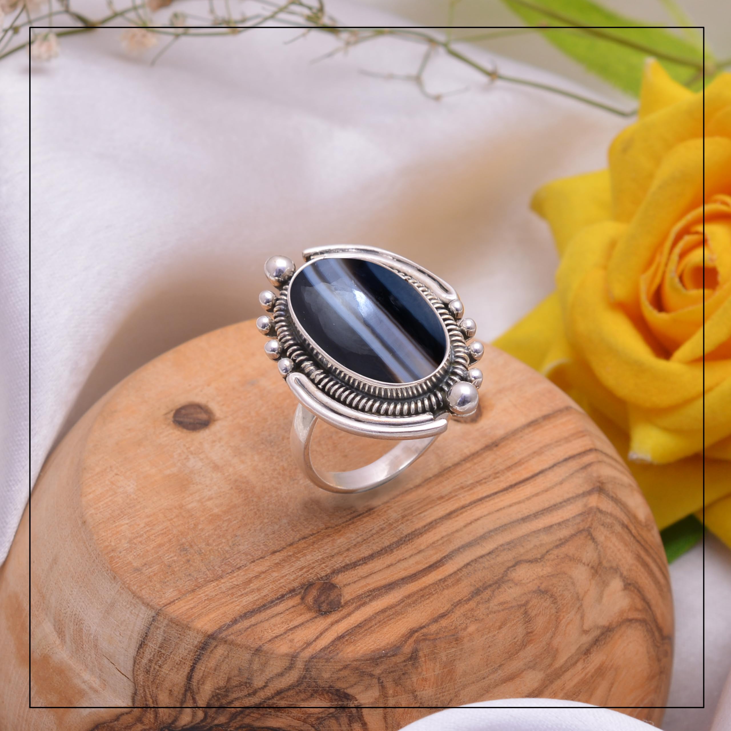 Veracity Jewelry 925 Sterling Silver Black Banded Agate Rings for Women - Natural Black White Gemstone Healing Meditation Jewelry - Handmade Spiritual Jewelry Gift for Yoga, Reiki & Energy Healing - VSR-523