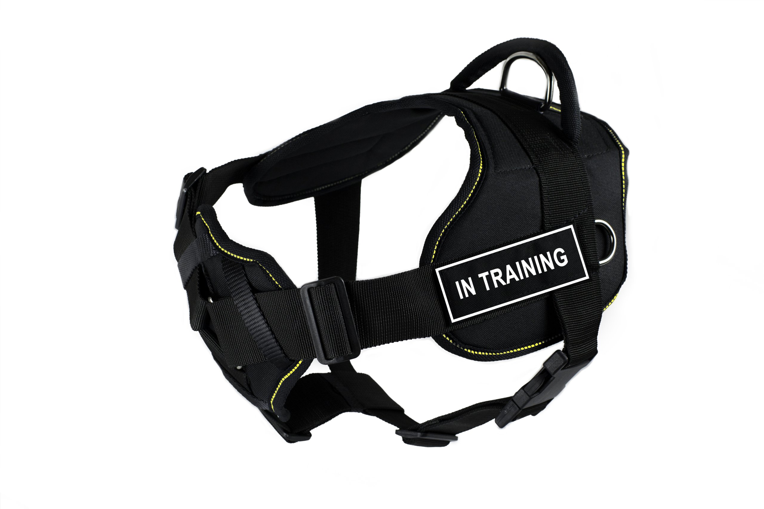 Dean & Tyler Padded Dog Harness for Training - Medium Size, Black with Yellow Trim - Comfortable & Secure for Walking, Running & Outdoor Adventures