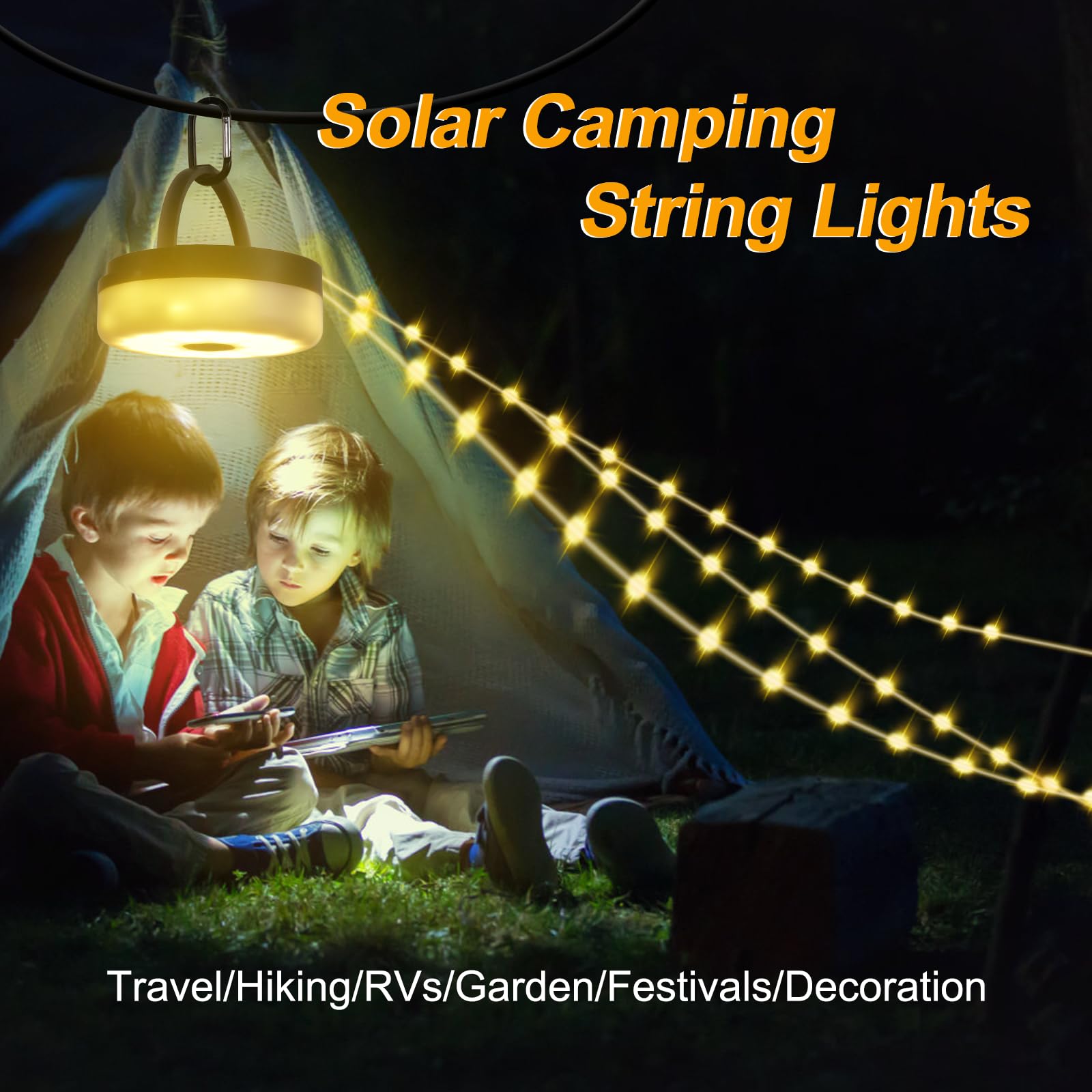 SMY Lighting 4-in-1 Solar Camping String Lights - 42.6Ft Ultra Long Outdoor String Lights with 160 Bright LEDs, Solar Powered & USB Rechargeable, Remote Control Included - Perfect for Camping, Hiking, Backyard, Patio, Garden, and Party Decorations