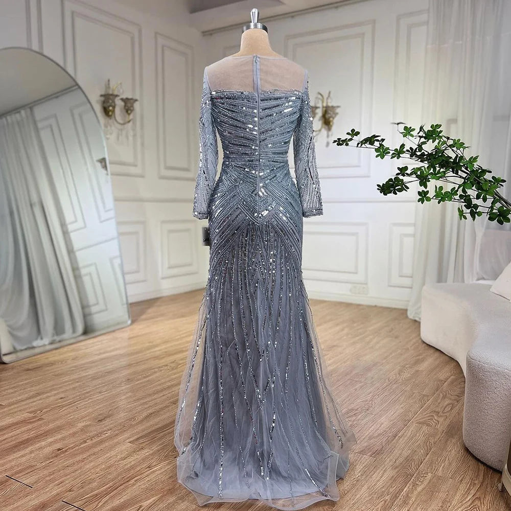 Luxury Gray Beaded Mermaid Evening Gown - Elegant Floor Length Muslim Party Dress for Women - Wedding, Prom, Gala & Special Occasions - Serene Hill Collection LA72295