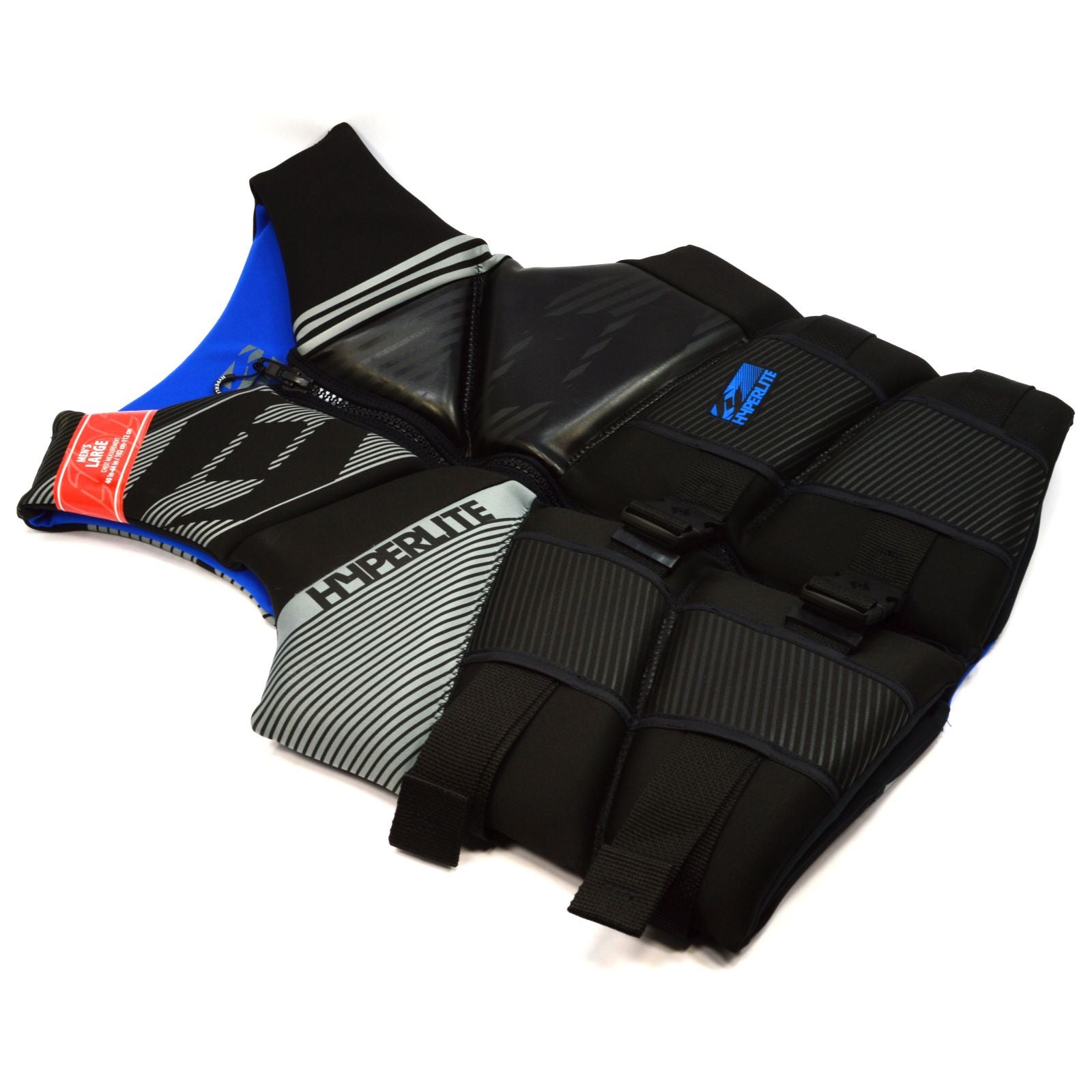HYPERLITE LIFE VEST Men's Neoprene PFD Jacket - Black/Blue, Size Large (40-44) | Comfortable & Durable Life Jacket for Boating, Fishing & Water Sports