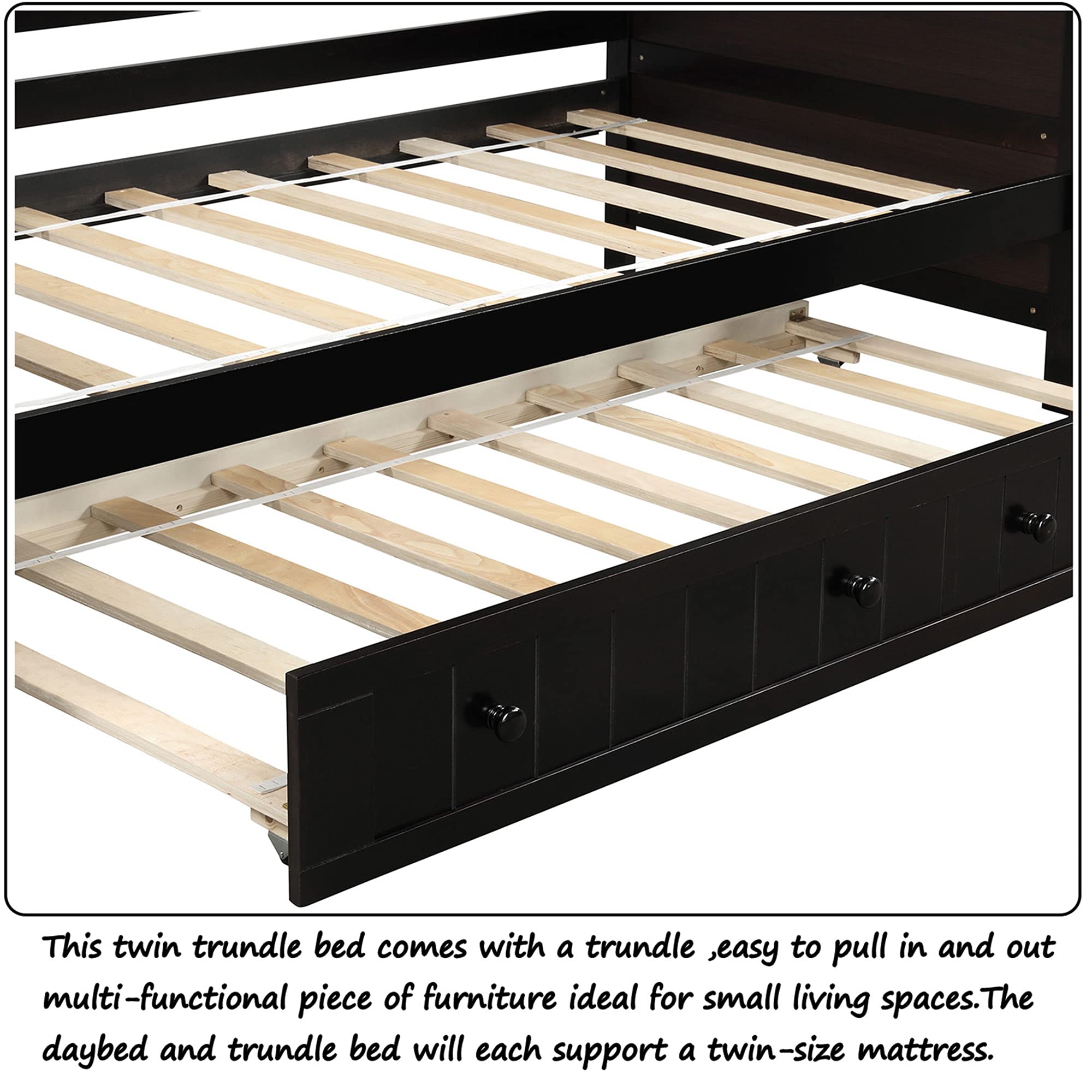 P PURLOVE Wood Twin Daybed with Trundle - Convertible Sofa Bed Frame for Bedroom & Living Room - Espresso Finish - Perfect for Guest Rooms, Small Spaces & Multi-Functional Furniture Needs