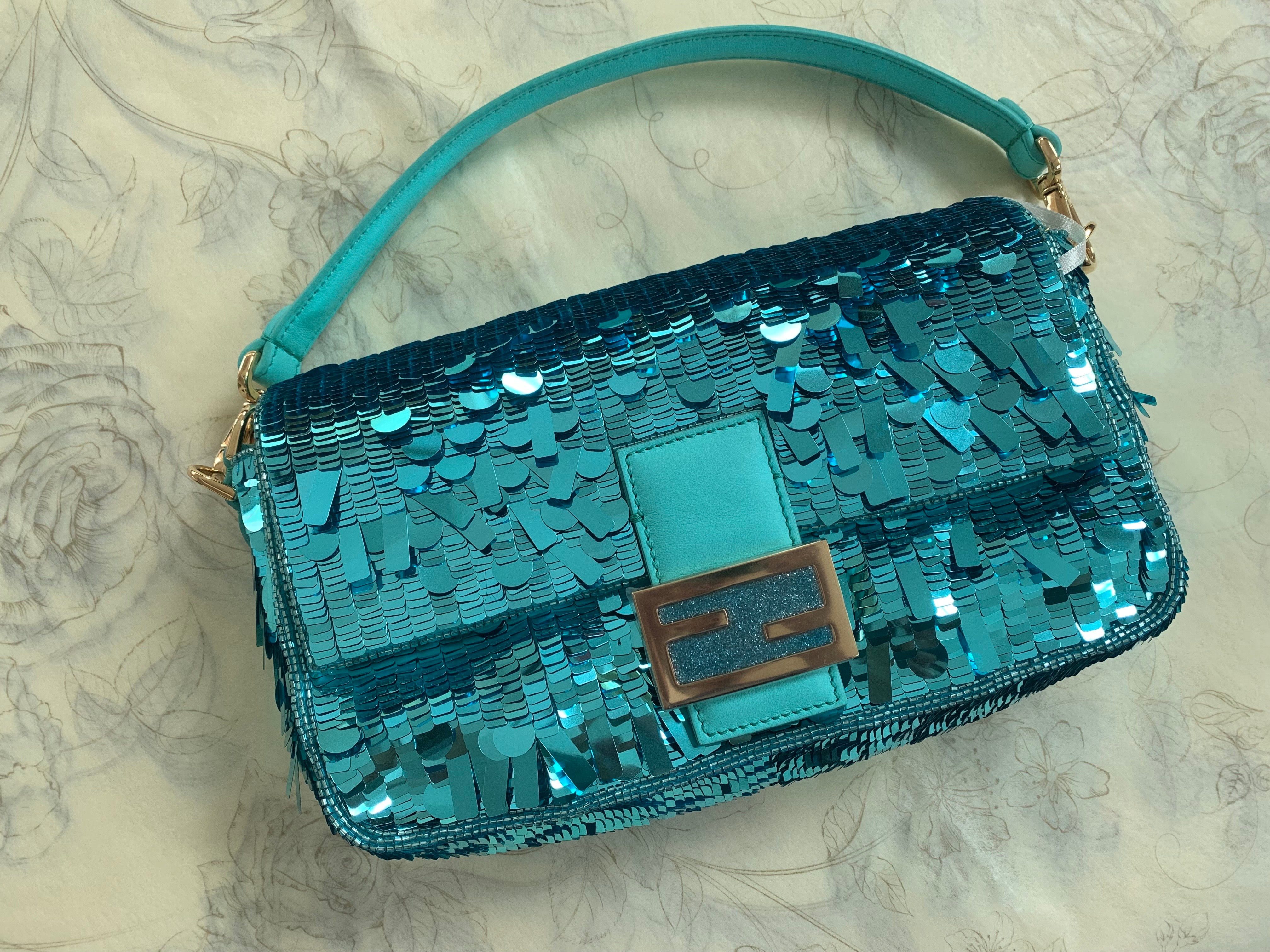 Fendi Turquoise Sequin Baguette Bag - Luxury Designer Handbag for Women | Perfect for Parties, Weddings & Evening Events