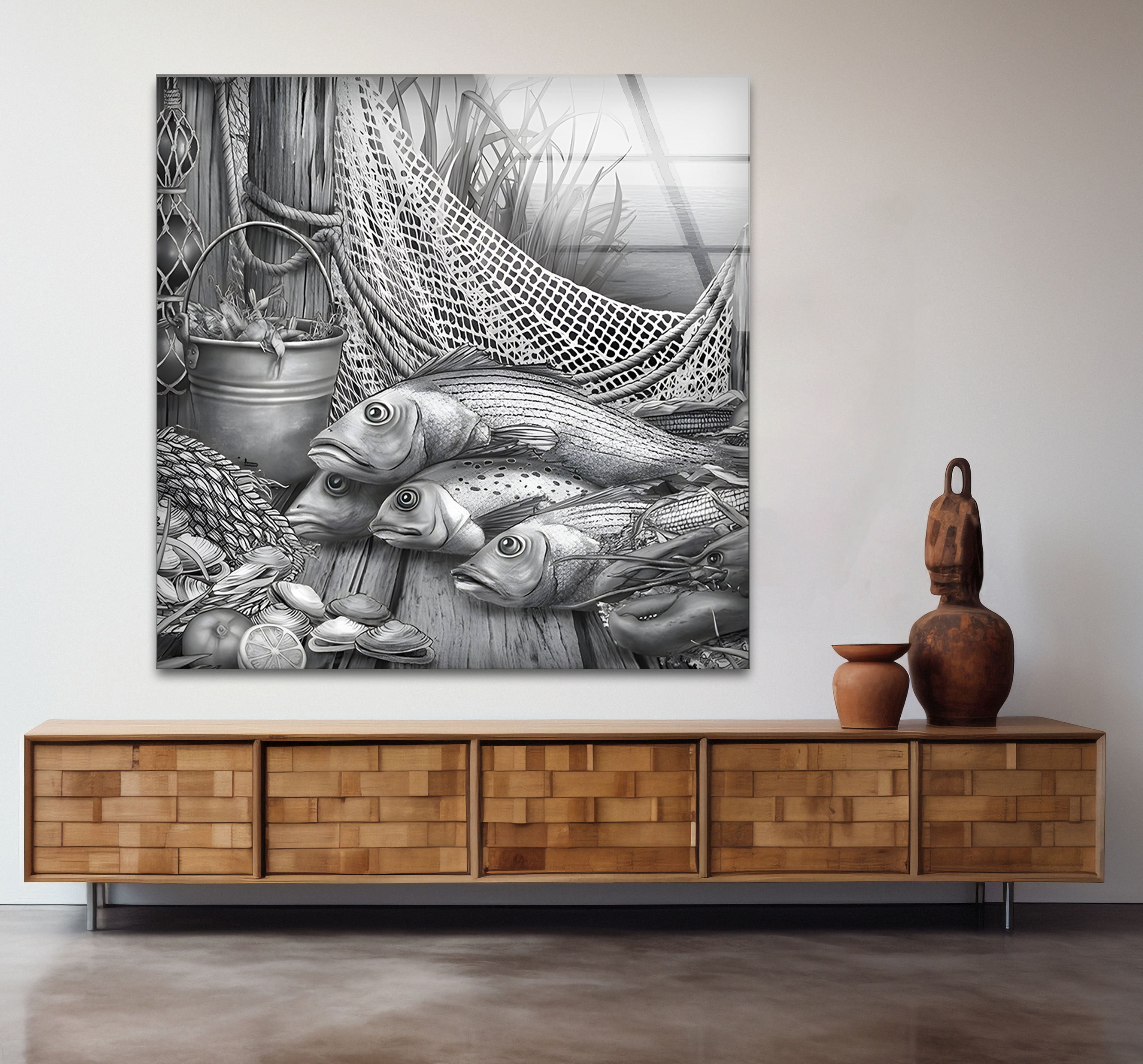 Black and White Fish Art Glass Wall Decor - Elegant Ocean-Themed Mural for Living Room, Bedroom & Office