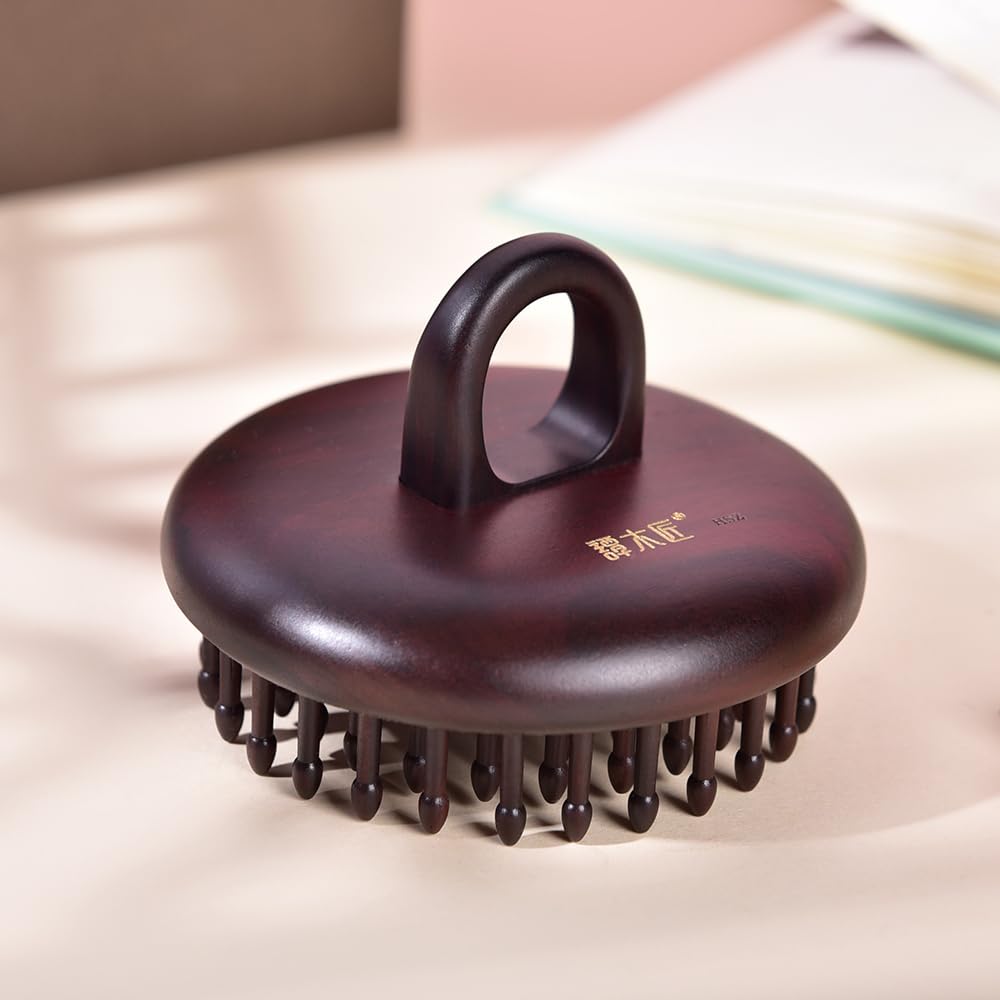 Black Rosewood Round Massage Hair Brush - Scalp Stimulating Comb for Hair Growth & Relaxation | Perfect for Styling, Detangling & Stress Relief at Home or Salon