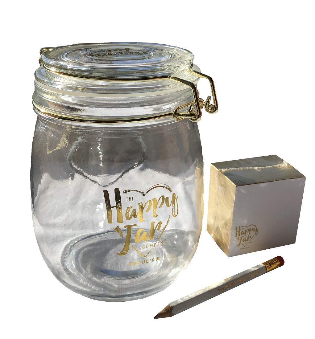 BWR Happy Jar with Notelets & Pencil - Collect & Preserve Happy Thoughts & Memories - Perfect for Gratitude Journaling, Positive Affirmations & Mindfulness Practice