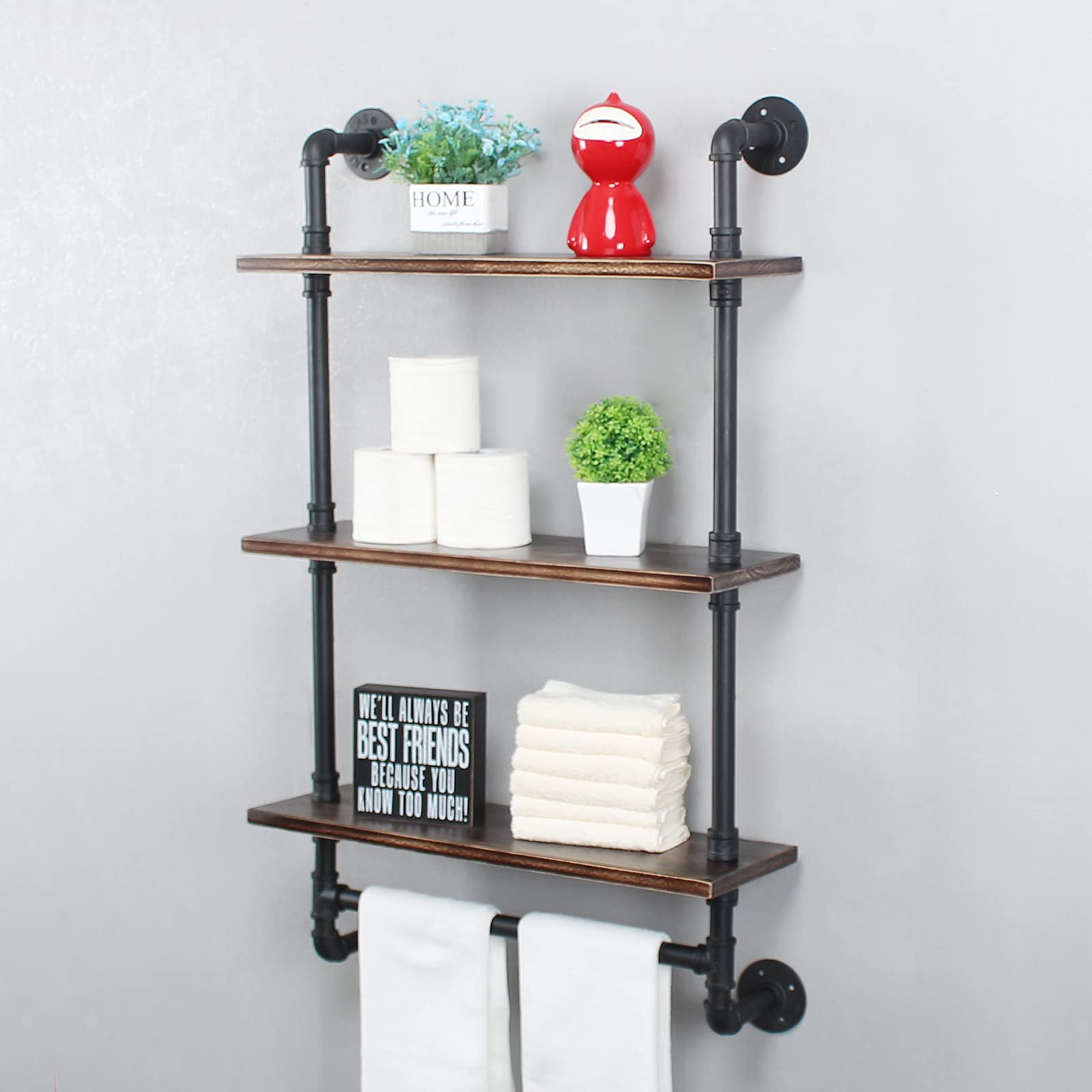 Industrial Pipe Shelving - 24in Rustic Metal Pipe Floating Shelves with Towel Bar | 3-Tier Wall Mounted Iron Pipe Shelves for Bathroom & Living Room | Retro Black Industrial Shelf for Storage & Home Decor
