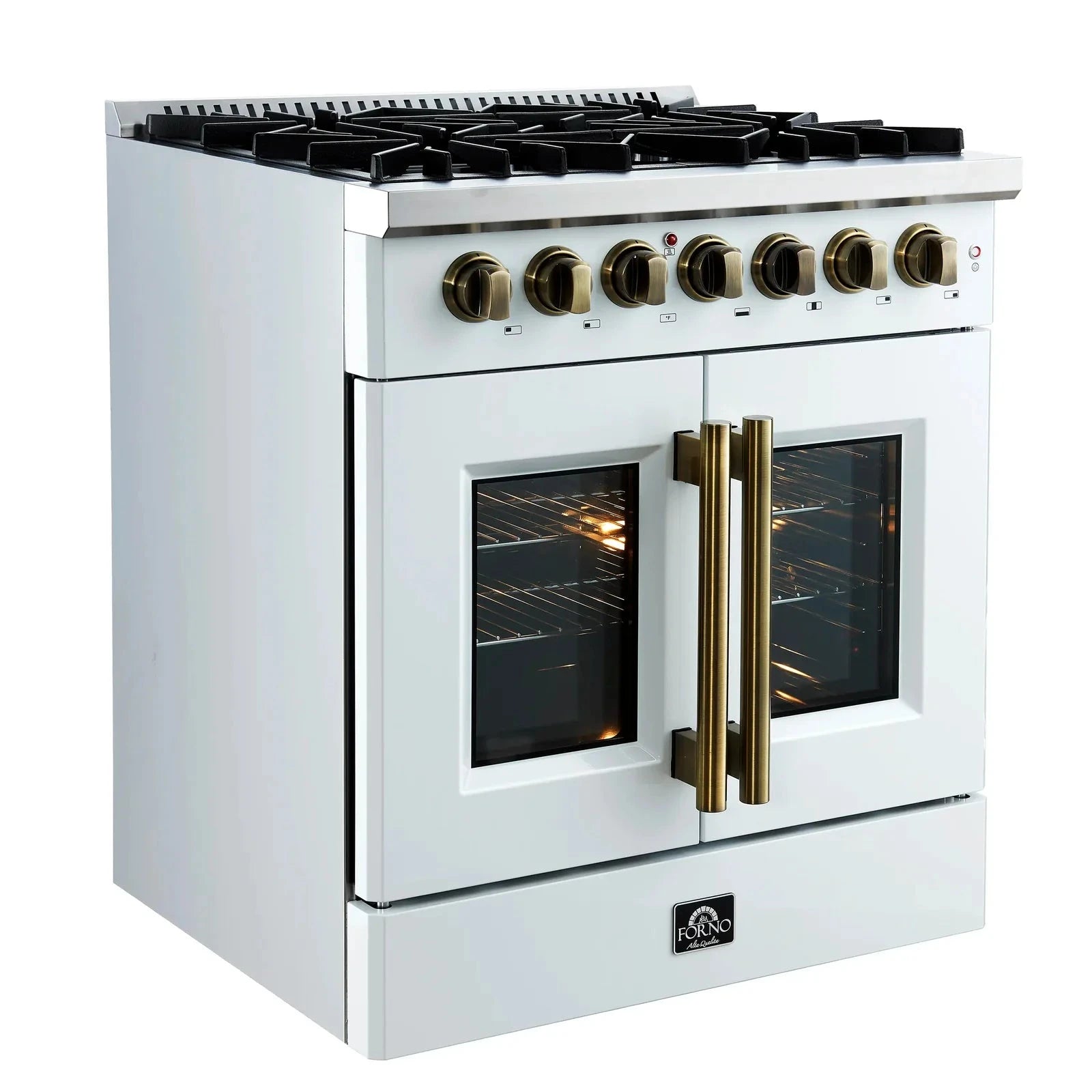 Forno Galiano 30-Inch French Door Dual Fuel Range - 5 Gas Burners & Electric Convection Oven in White with Antique Brass Trim (Model FFSGS6356 30WHT) - Perfect for Gourmet Cooking, Baking, and Entertaining in Modern Kitchens